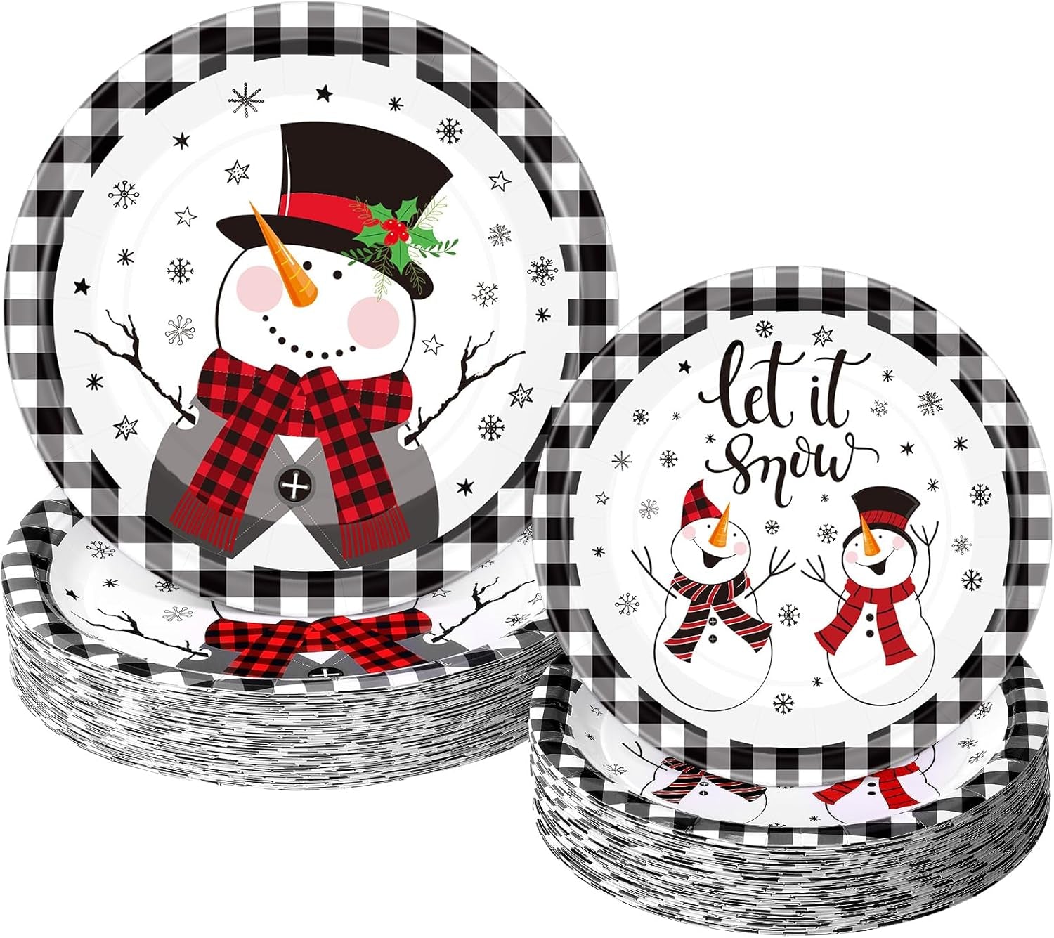 100 Pack Christmas Paper Plates 9" & 7" Snowman Winter Gingham Disposable Dessert Plates for Holiday Xmas Party Supplies(Round,Red and White)