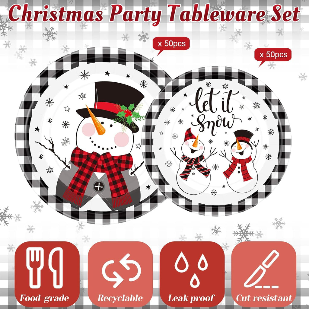 100 Pack Christmas Paper Plates 9" & 7" Snowman Winter Gingham Disposable Dessert Plates for Holiday Xmas Party Supplies(Round,Red and White)