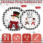 100 Pack Christmas Paper Plates 9" & 7" Snowman Winter Gingham Disposable Dessert Plates for Holiday Xmas Party Supplies(Round,Red and White)