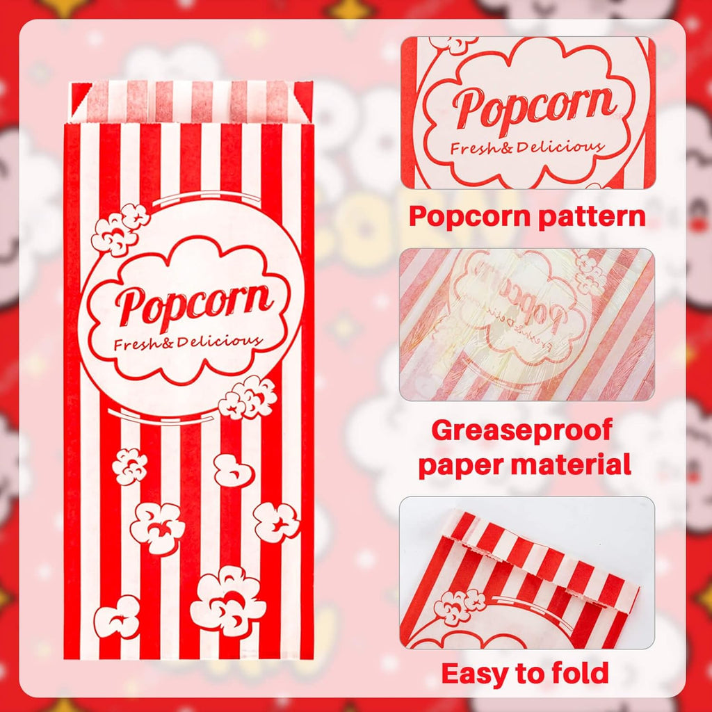 100 Popcorn Bags Individual Servings - Disposable Paper Popcorn Bags Party Pop Corn Sleeves Bulk Carnival Halloween Christmas Gift Favor Treat Bolsas Para Palomitas Movie Night Supplies