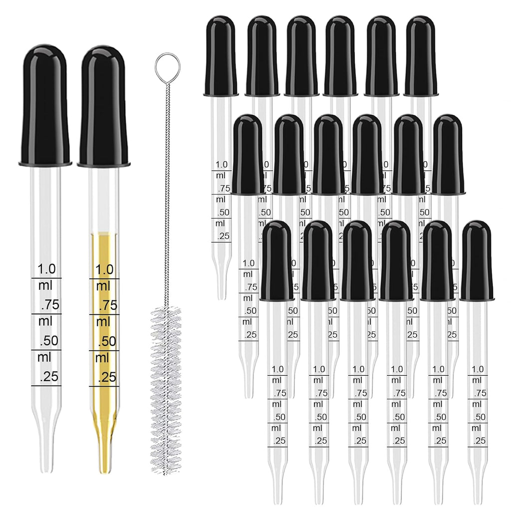 20Pcs Eye Droppers with Storage Case, Glass Pipette Dropper with Cleaning Brush for Essential Oil, Medicine, Crafts, Accurately 1Ml Pipette for Mixing Paints, Lab Use, Animal Feeding, Ear&Eye Drops