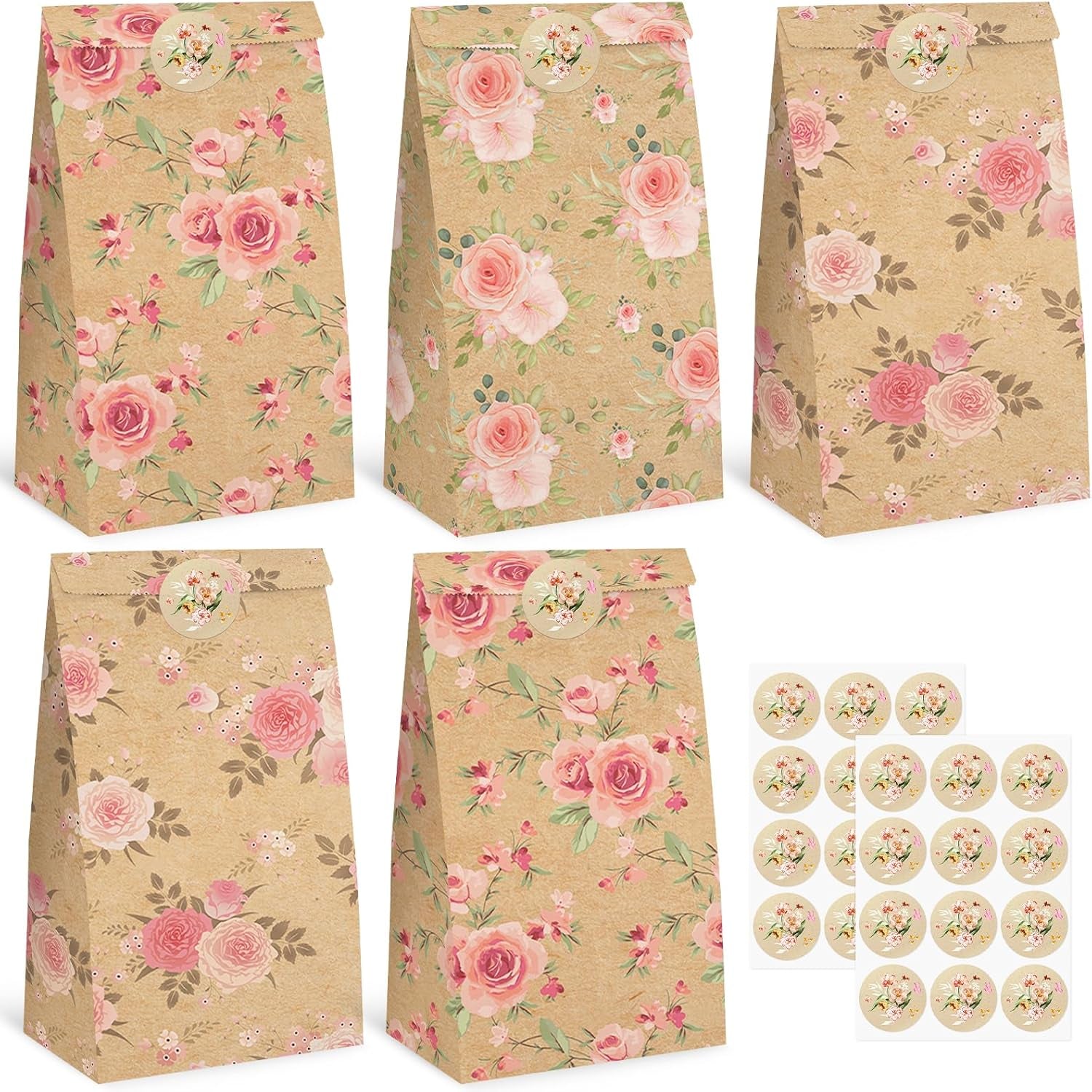 24 Pack Party Favor Bags, 4.7X3.1X8.7 Inch Small Gift Bags with Stickers Floral Party Favor Treat for Birthday Baby Shower Wedding Gift Packaging Supplies