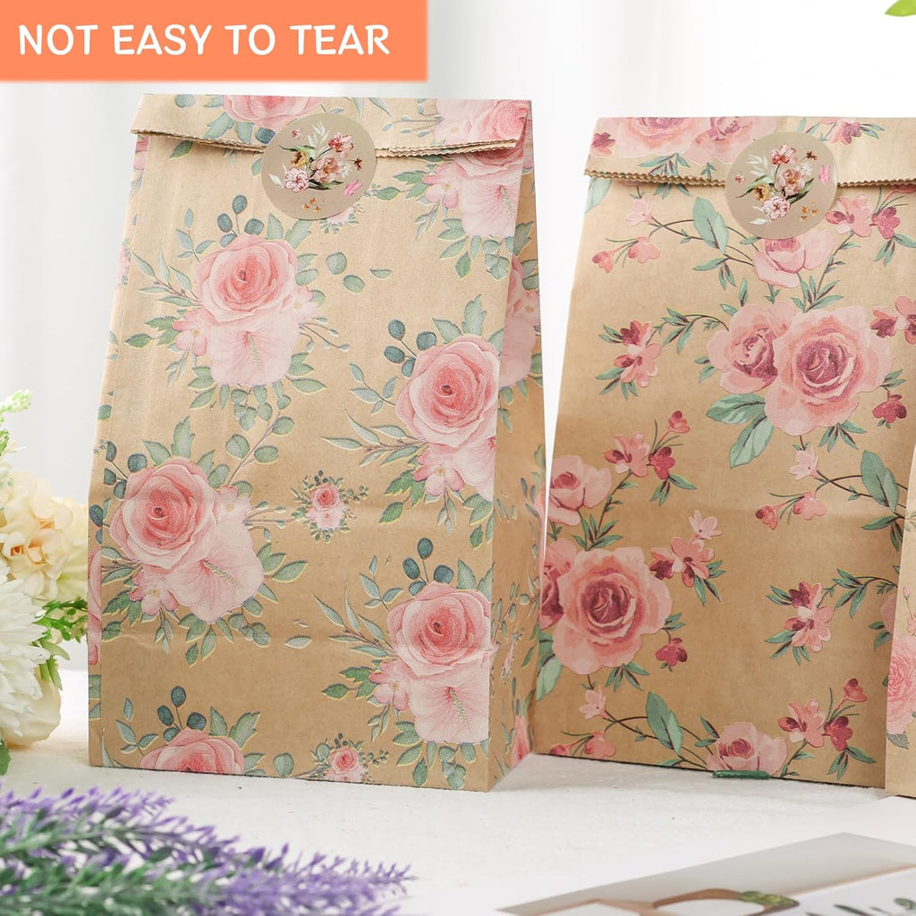 24 Pack Party Favor Bags, 4.7X3.1X8.7 Inch Small Gift Bags with Stickers Floral Party Favor Treat for Birthday Baby Shower Wedding Gift Packaging Supplies