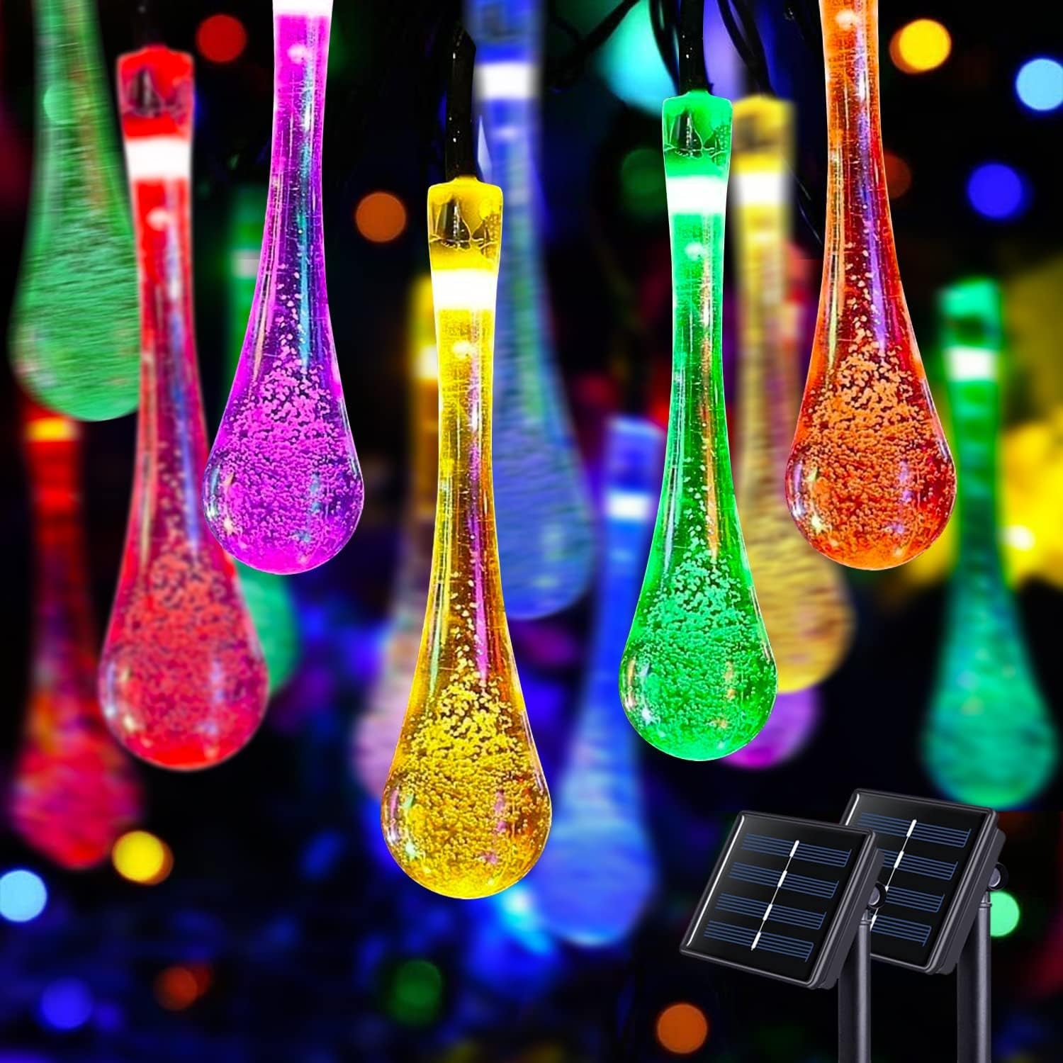 2 Pack Solar String Lights Outdoor Waterproof, Total 41.6FT 60 LED Teardrop Water Drop Solar Light, Multi Colored Christmas Lights for Garden Patio Yard Tree Party Christmas Decorations