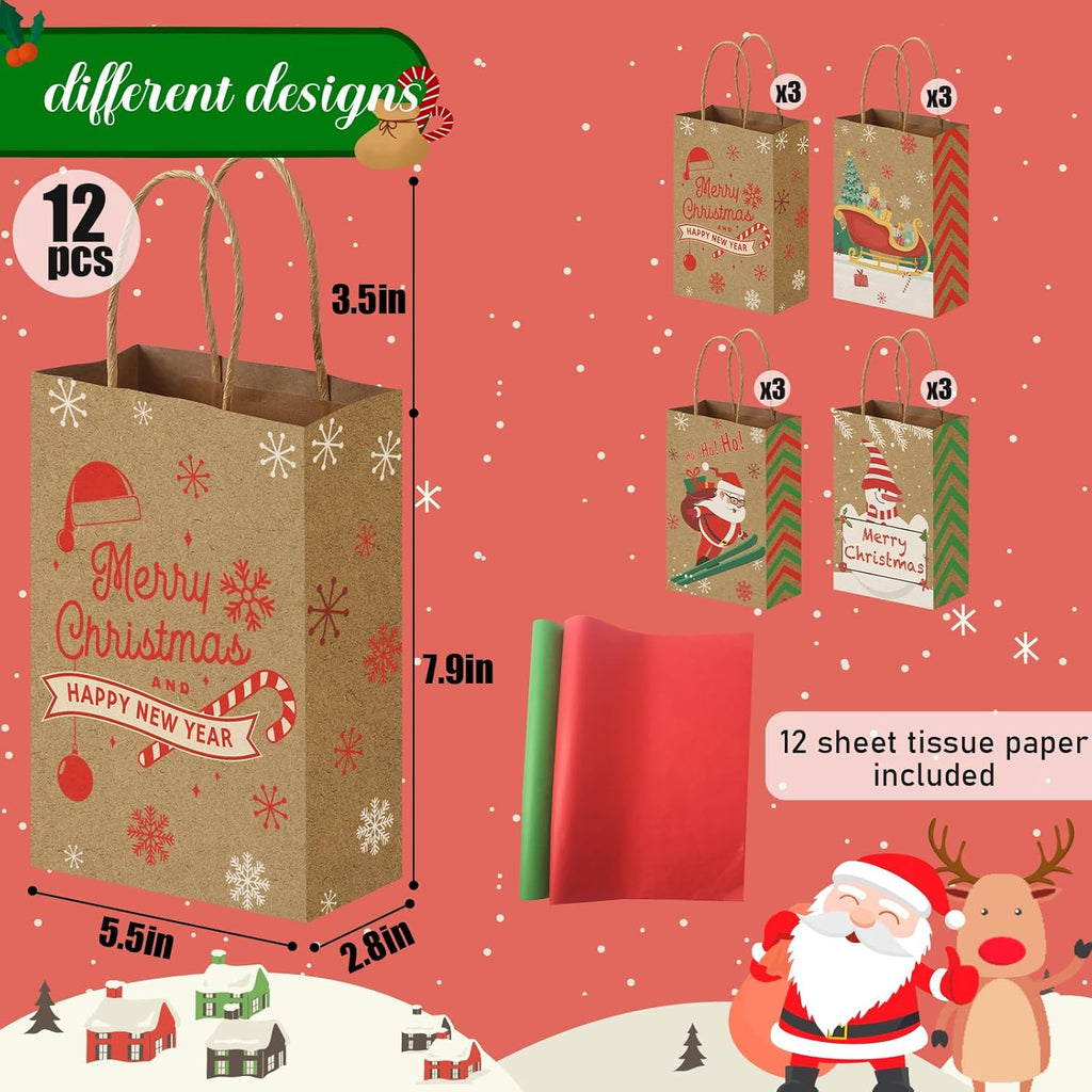 12 Pack Christmas Treat Bags with Tissue Paper, Kraft Paper Gift Bags with Handle for Christmas Party Favors Gift Exchange