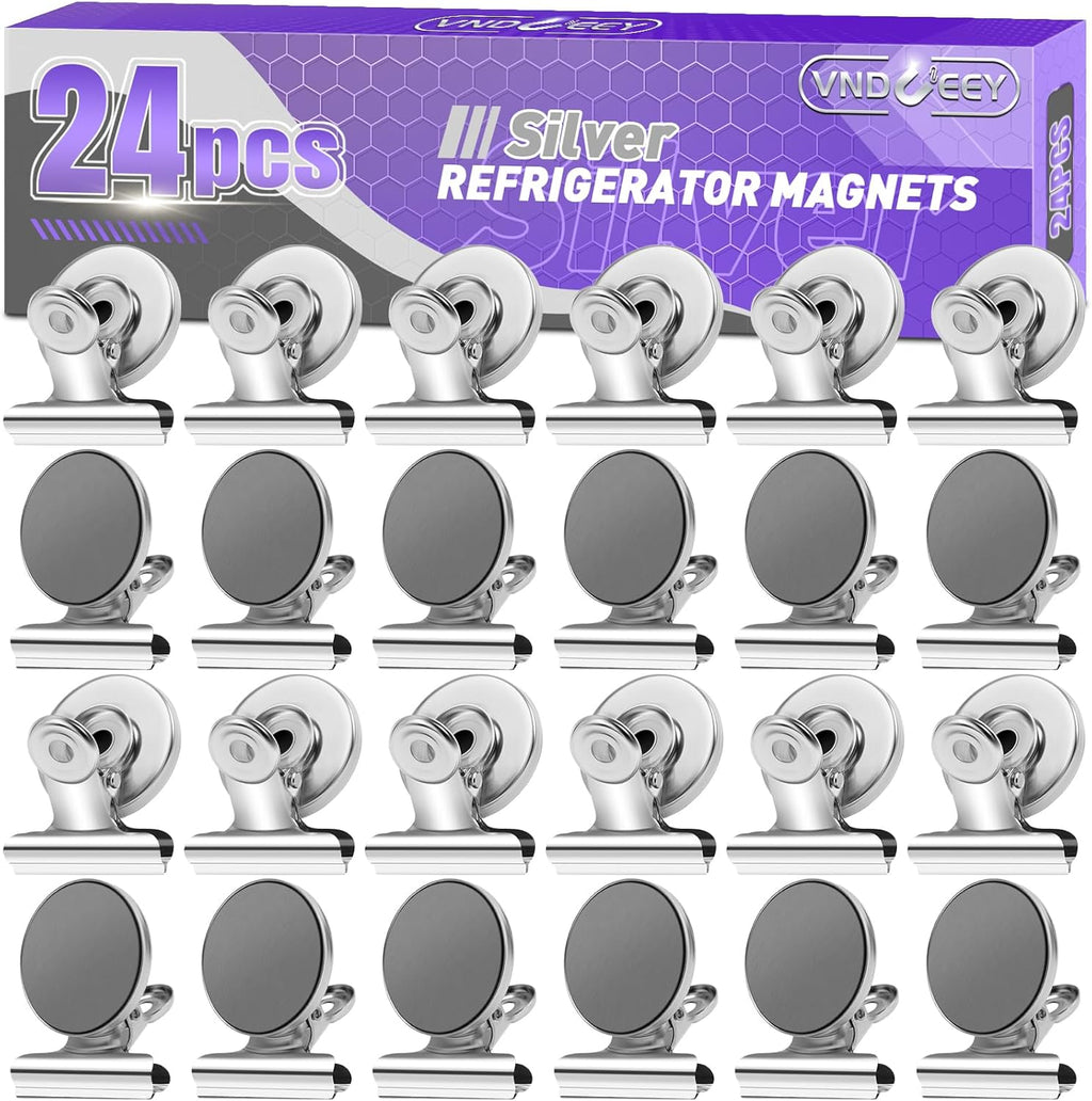 24 Pack Strong Magnetic Clips, Fridge Magnets Refrigerator Magnet, Whiteboard Magnets Heavy Duty Magnet Clips for Home, Office, Classroom, Locker, Cruise (Silver)