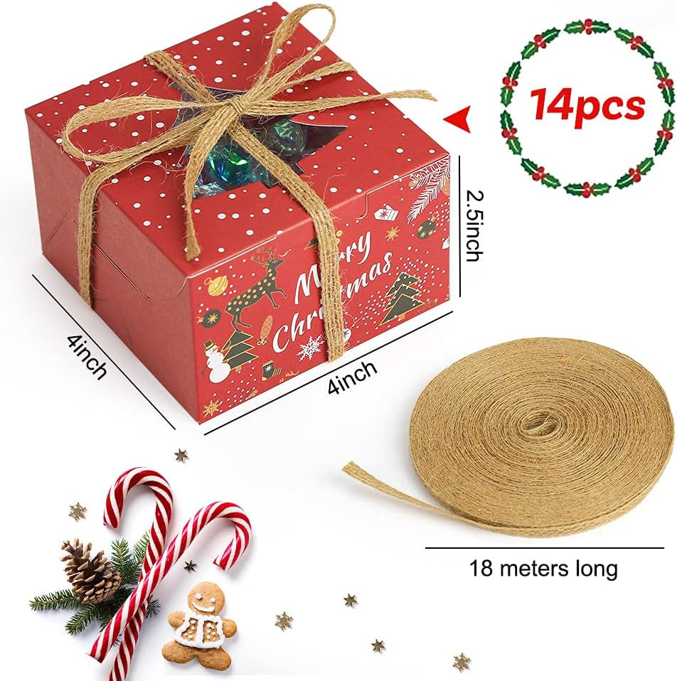 14PCS Small Christmas Cookie Boxes, 4"X 4"X 2.5" Christmas Bakery Boxes with Window, Single Cupcake Carrier with Window Insert Pastry Containers Muffins for Bakery Supplies