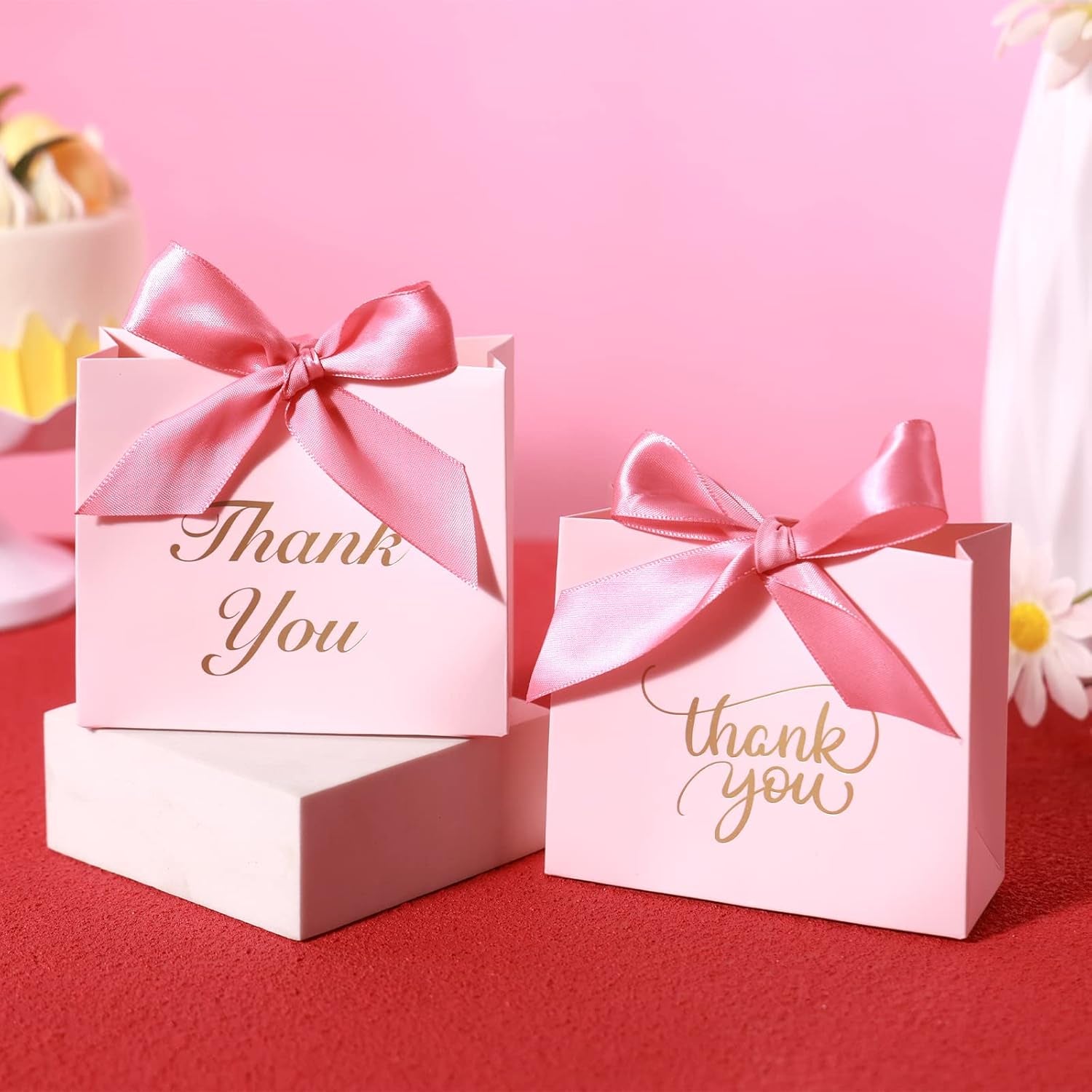 24PCS Thank You Gift Bags, 4.5X3.9X1.8Inches Mini Party Favor Bags Pink Small Candy Boxes with Ribbon Small Gift Boxes for Wedding Bridal Baby Shower Birthday Party