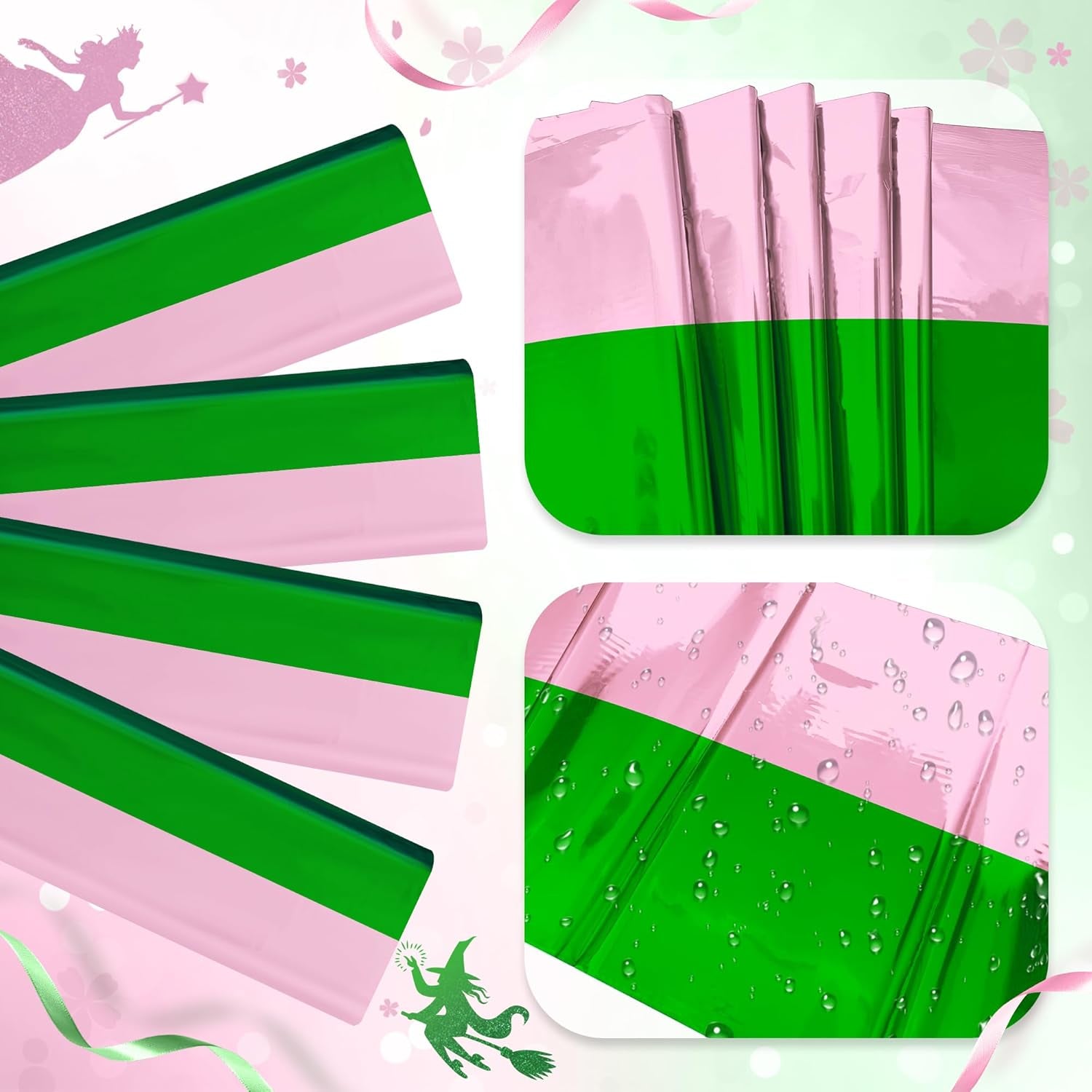1 Pack Pink Green Foil Tablecloth, 40X106 Shiny Metallic Party Table Cover for Birthday, Princess Witch Theme, Graduation, Baby Shower, Celebration Decorations