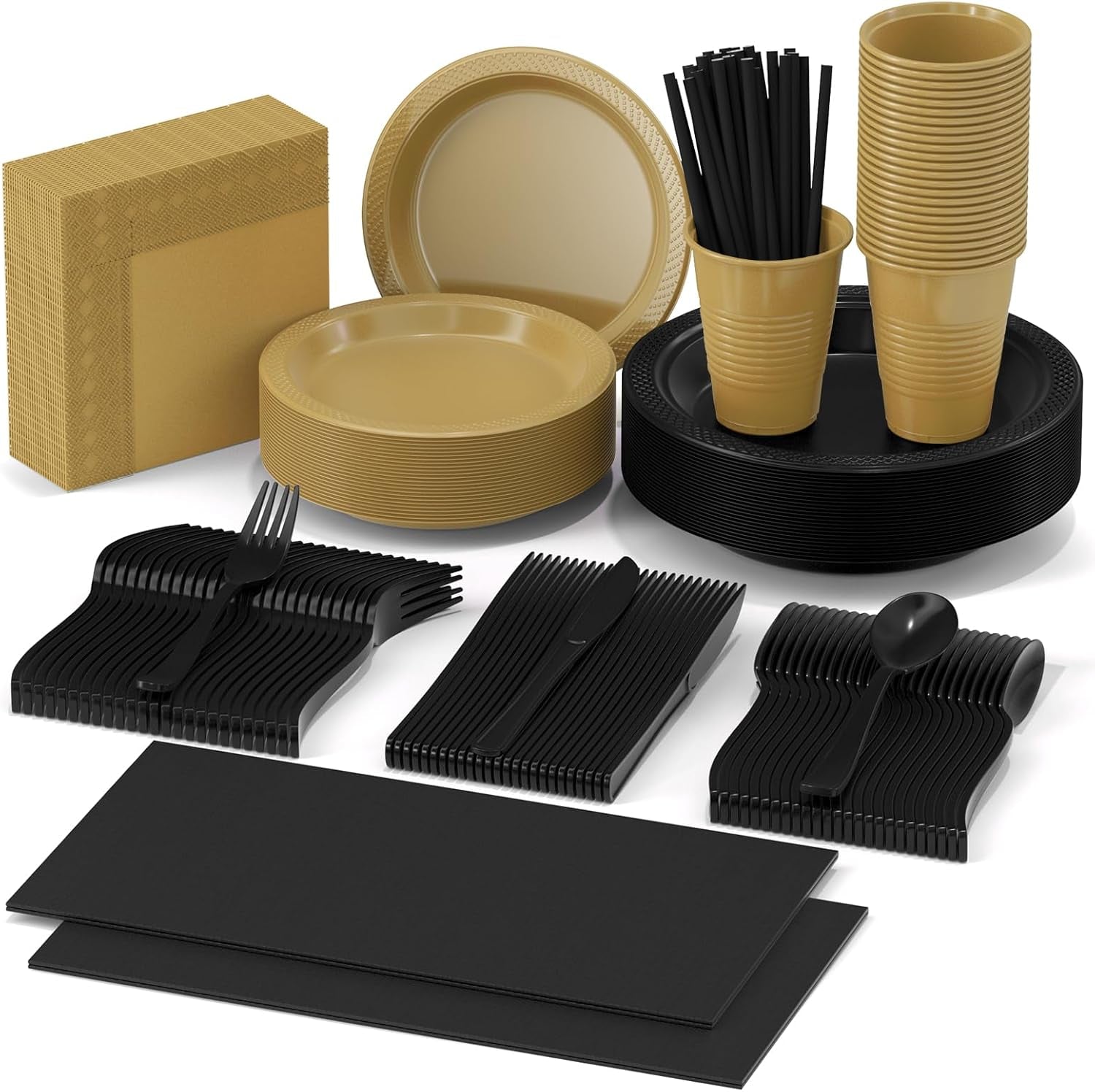 202 Pieces Disposable Plastic Dinnerware Set, Plastic Cutlery Set Includes 25 of Each Dinner Plates|Dessert Plates|Cups|Napkins|Straws|Spoons, Forks & Knives (Black & Gold, 202PCS（25 Guests）)