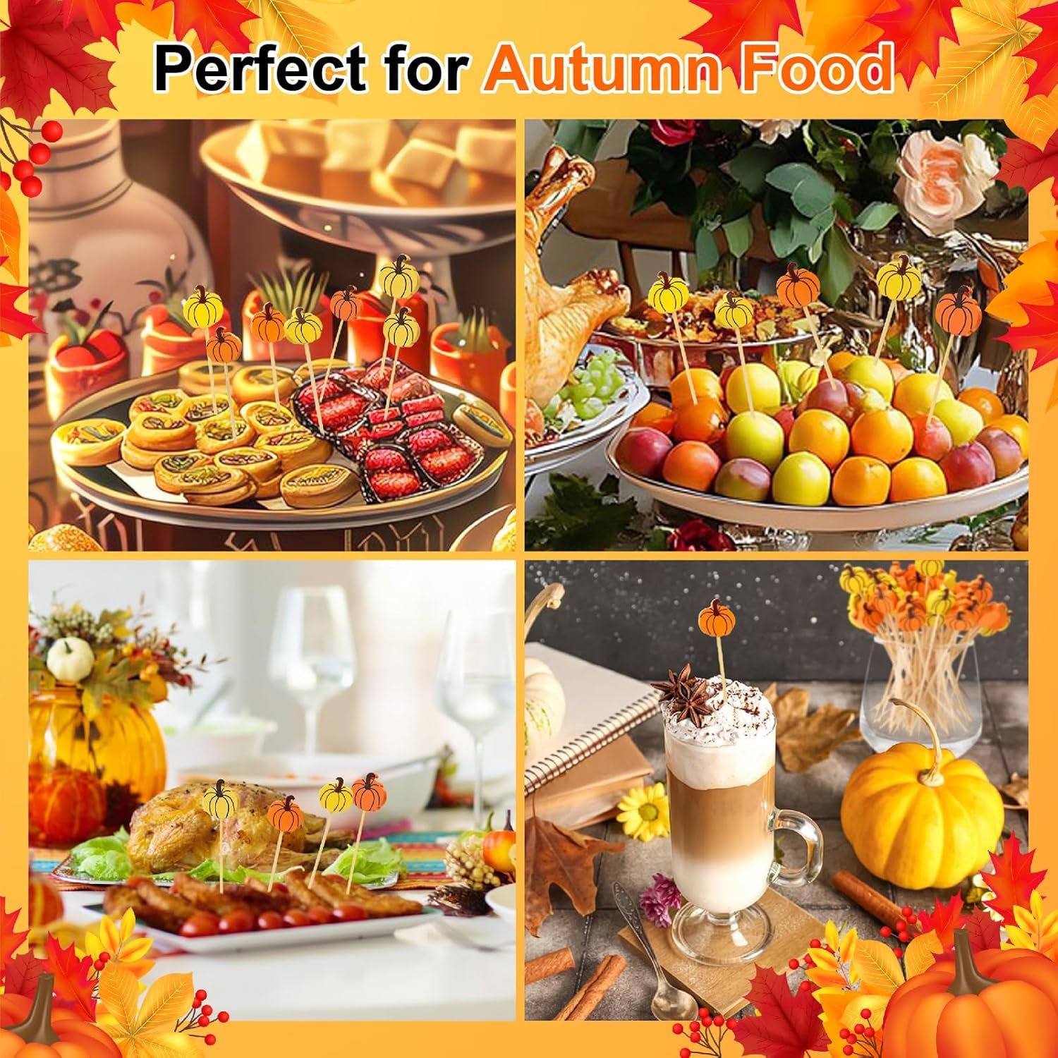 100 Thanksgiving Cocktail Picks, Pumpkin Fall Toothpicks for Appetizers Charcuterie Boards Accessories, 4.7 in Bamboo Skewers Fruit Drinks Food Sticks, Thanksgiving Decoration Autumn Party Supplies