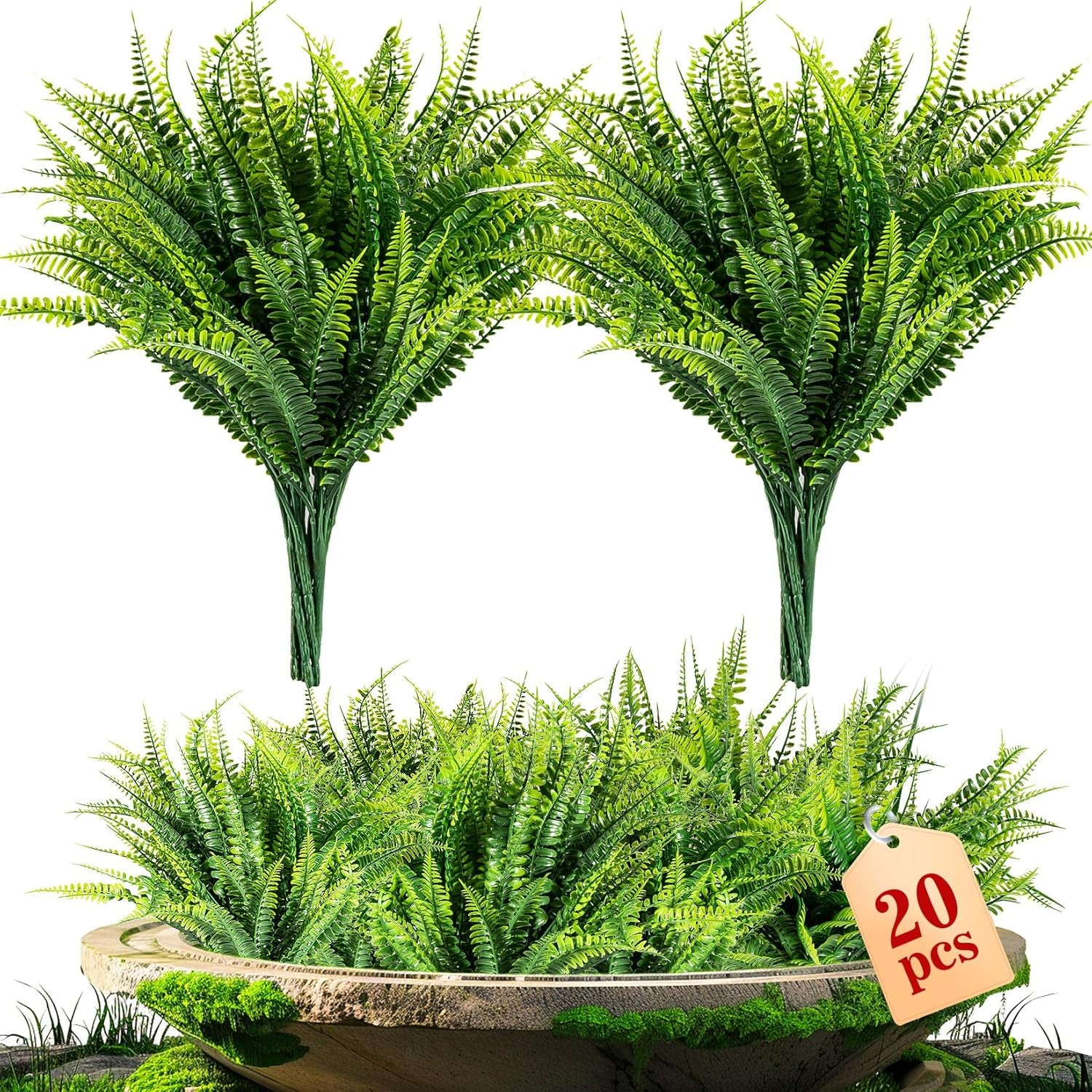 20 PCS Fake Fern - Artificial Ferns for Outdoors Faux Ferns for Outdoors Planter Large Outdoor Patio Decor Boston Fern Artificial Plants Faux Greenery Outdoor Porch Decor