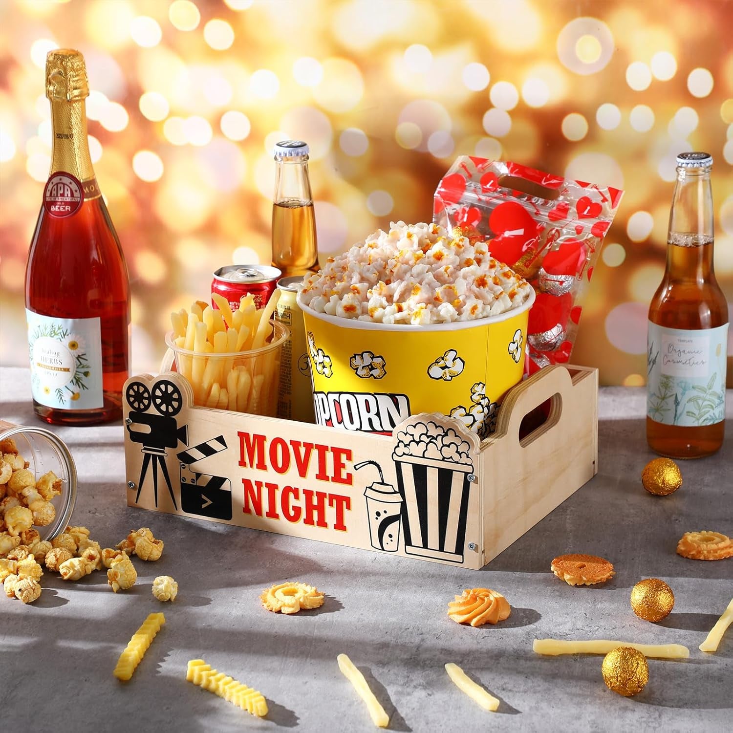 1 Pcs Movie Night Snack Trays with Handles DIY Wooden Snack Basket Organizer Reusable Snack Trays Basket Box Supplies for Party (11.81" X 8.66" X 3.94")