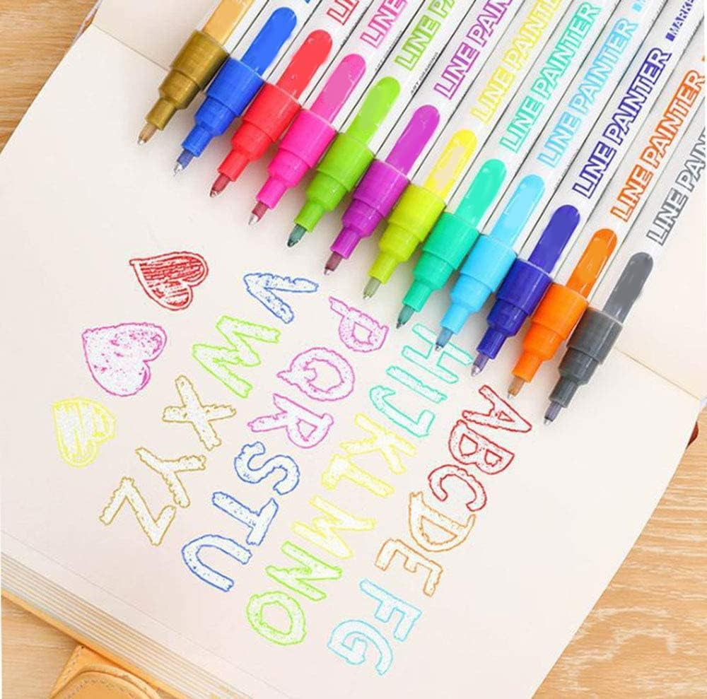 12Pcs Doodle Dazzlingly Markers, Outline Metallic Markers Double Line Pens Permanent Markers Pens for Art, Drawing, Greeting Cards,Rock Painting, Kid Journal, Metal, Wood Ceramic, Glass