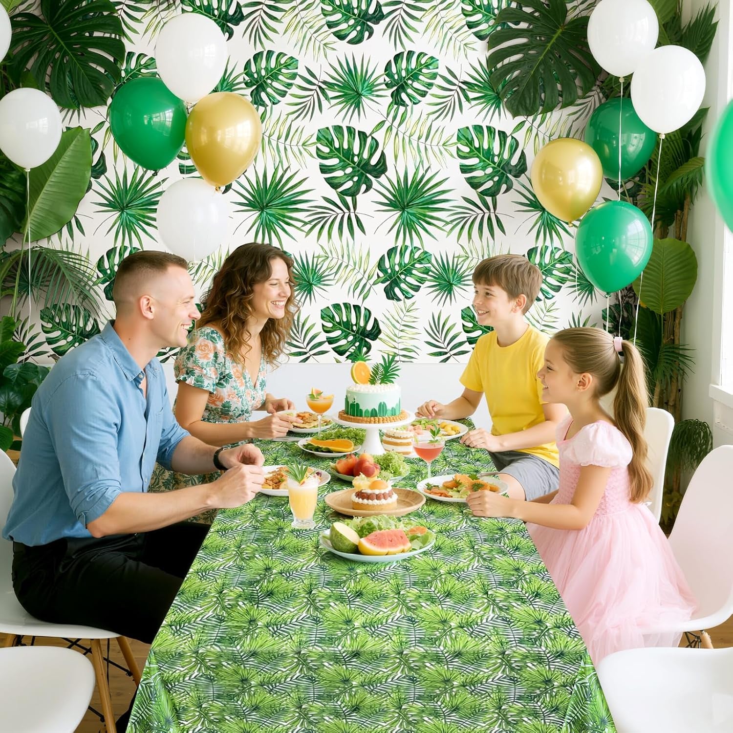 2 Pieces 54 X 108 Inch Hawaii Palm Leaves Tablecloth Plastic Tropical Jungle Tablecover Rectangular Luau Safari Hawaiian Themed Birthday Party Decorations