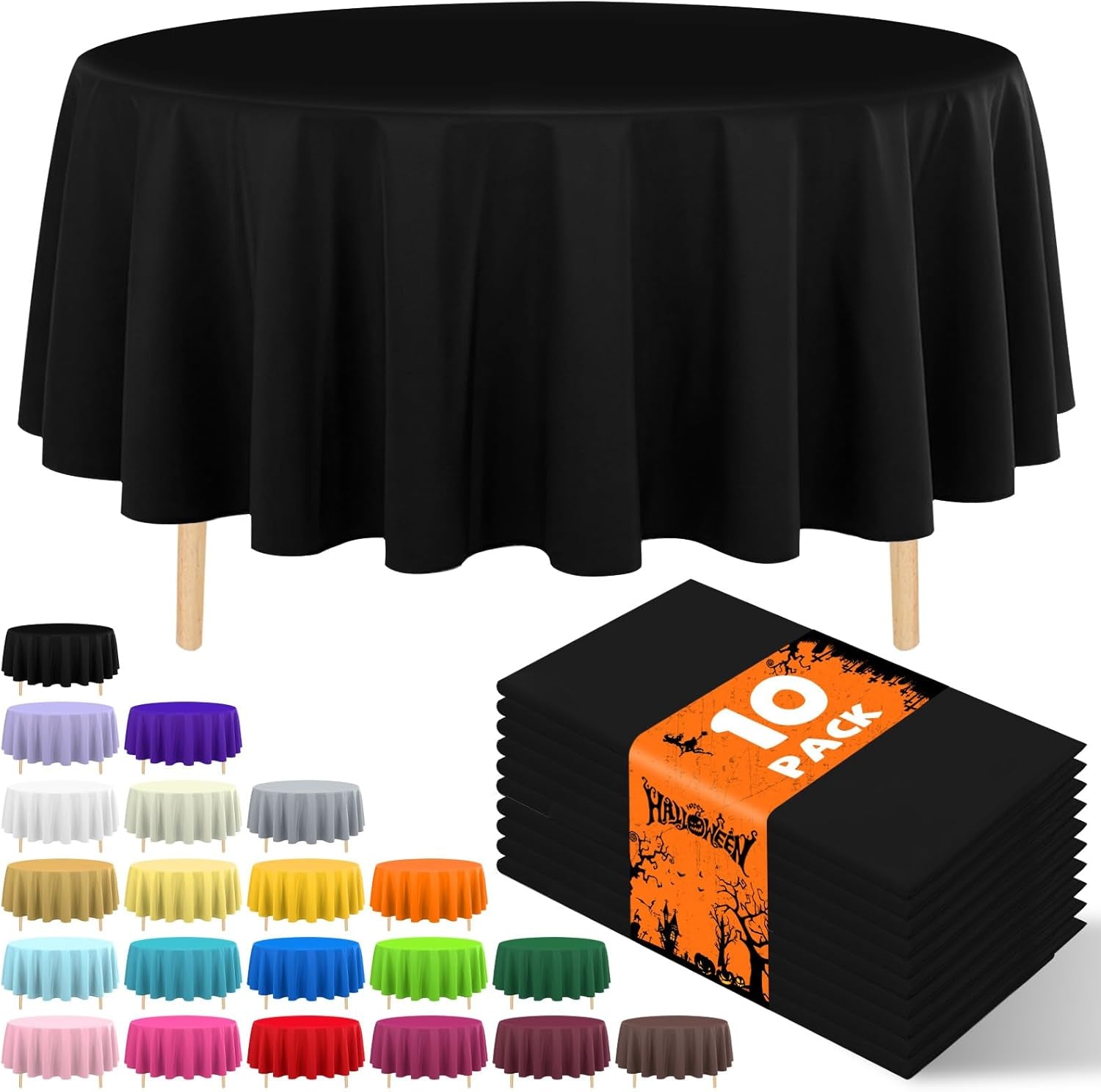 10 Pack Premium Disposable Plastic Tablecloth 84" round Table Cover for Birthdays Weddings Christmas Anniversary Buffet Table (Black)