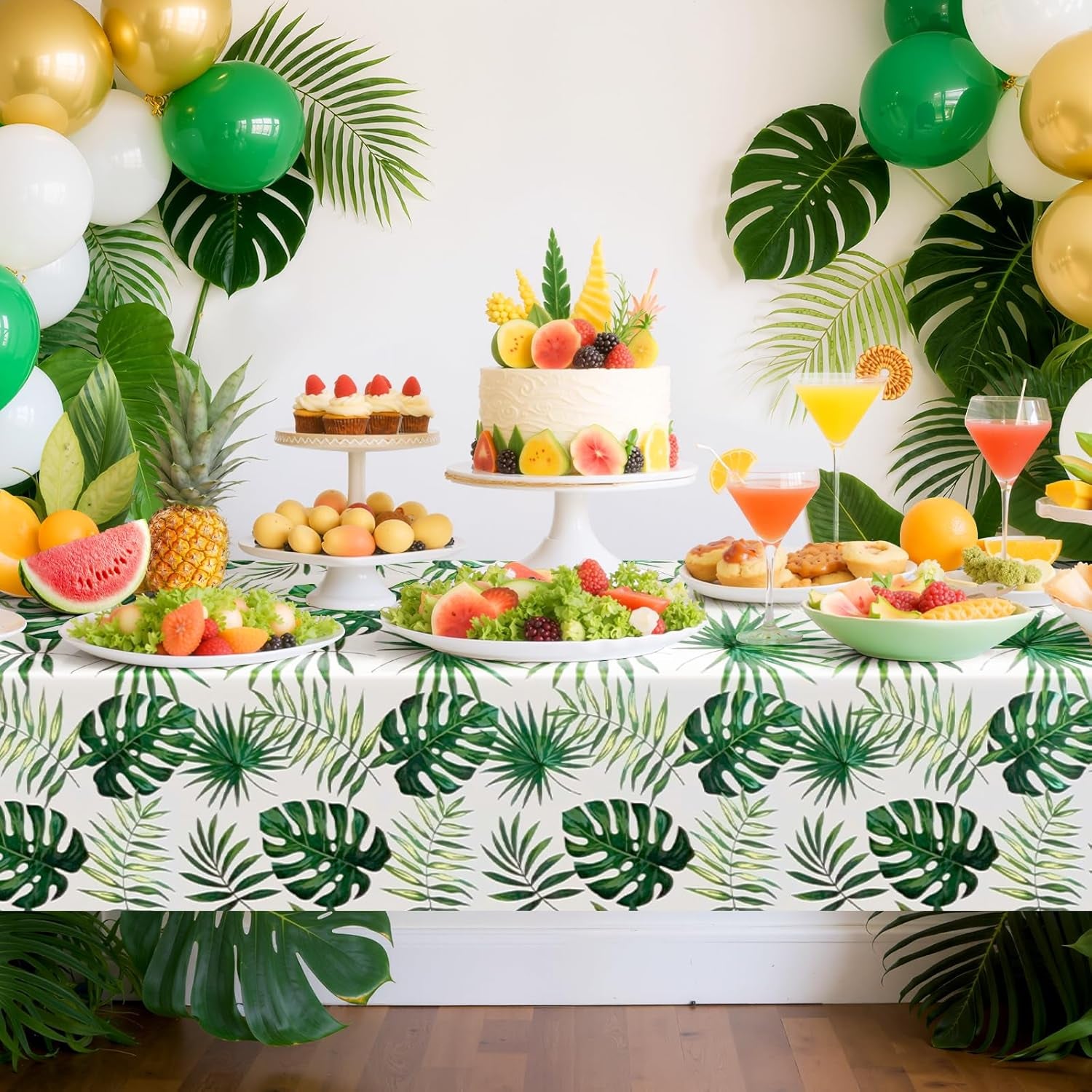 2 Pieces 54 X 108 Inch Hawaii Palm Leaves Tablecloth Plastic Tropical Jungle Tablecover Rectangular Luau Safari Hawaiian Themed Birthday Party Decorations