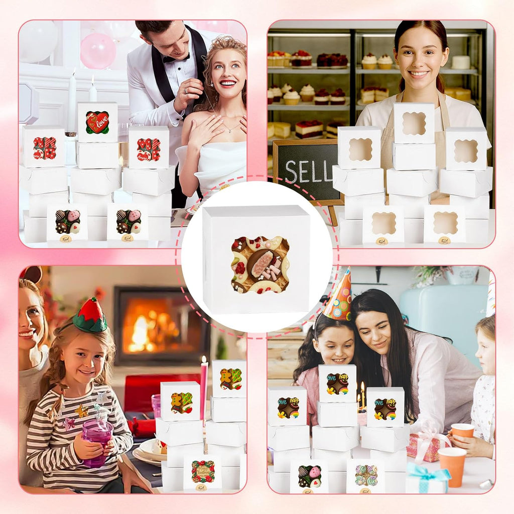 15PCS Cookie Boxes,4X4X2.4Inches White Mini Bakery Boxes with Window for Small Cake Dessert Pastry Donuts Macaroon Strawberries Party Favor Treats