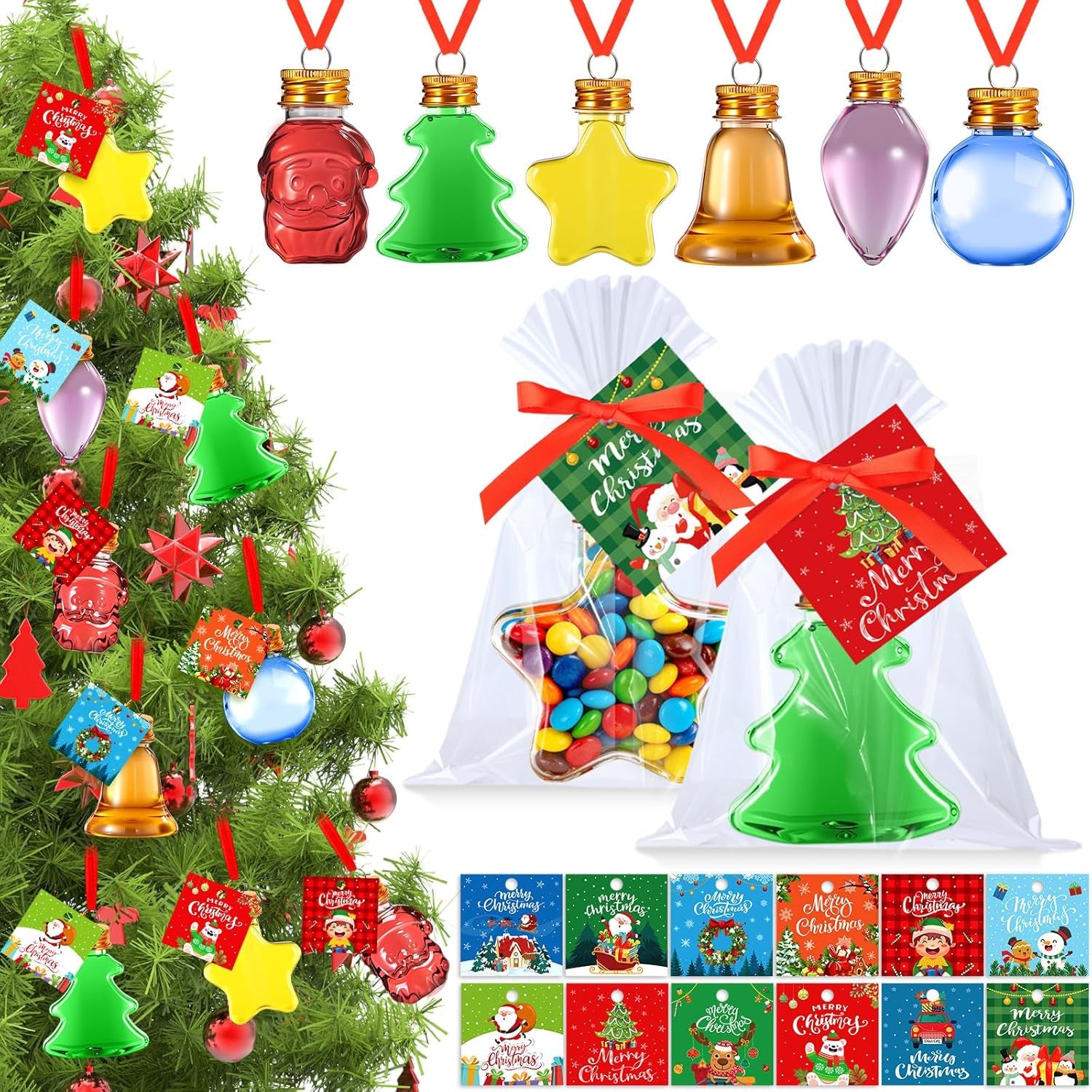 24 Sets Christmas Fillable Balls Bottles Christmas Tree Ornaments with Tags Ribbons DIY Fillable Balls Candy Servers Plastic Santa Claus Bulb Hanging Ornaments Xmas Winter Holiday Party Favors
