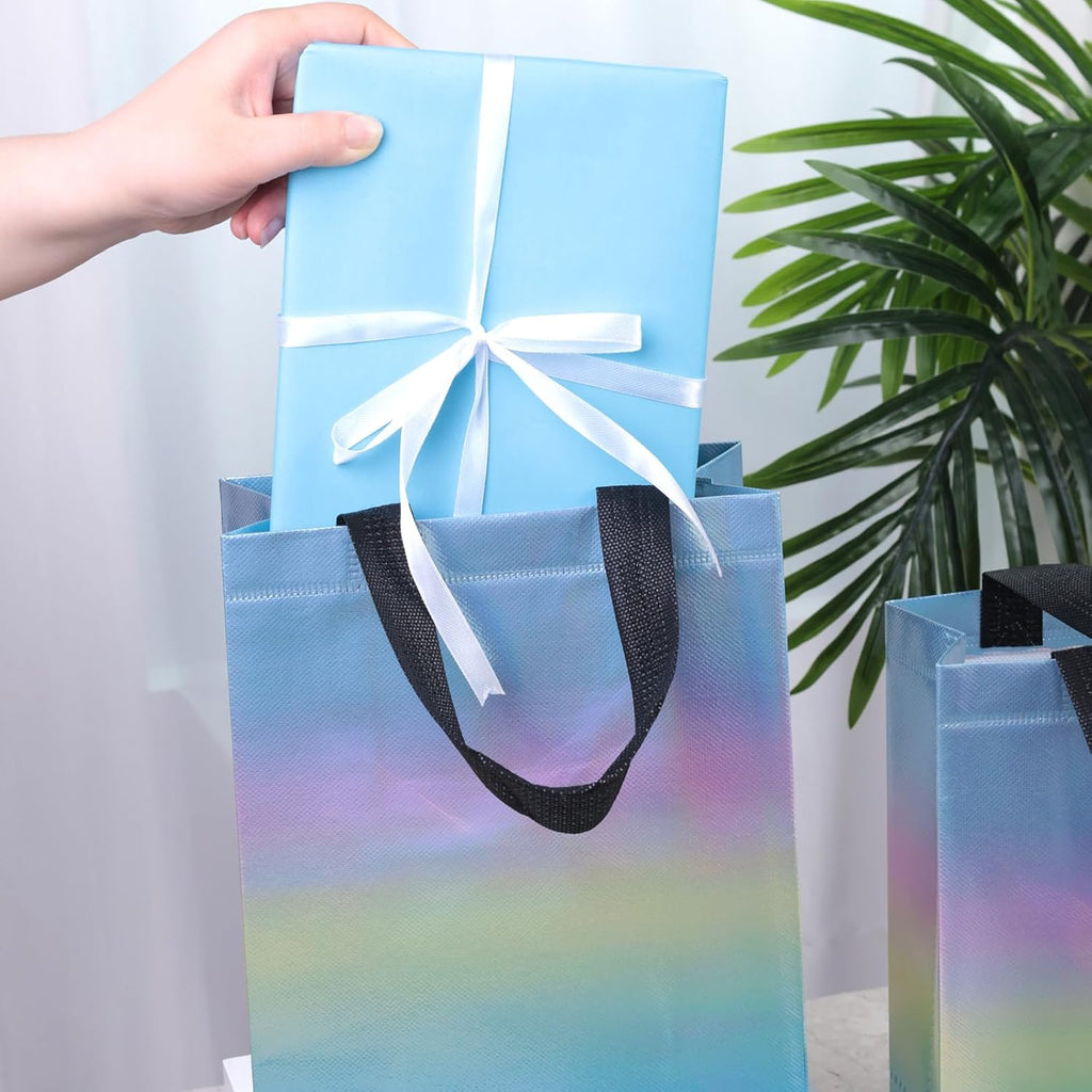 15PCS Iridescent Gift Bags with Handles, 8"X4"X10" Reusable Party Favor Bags Bulk for Christmas, Birthdays, Weddings, Goodie Treats