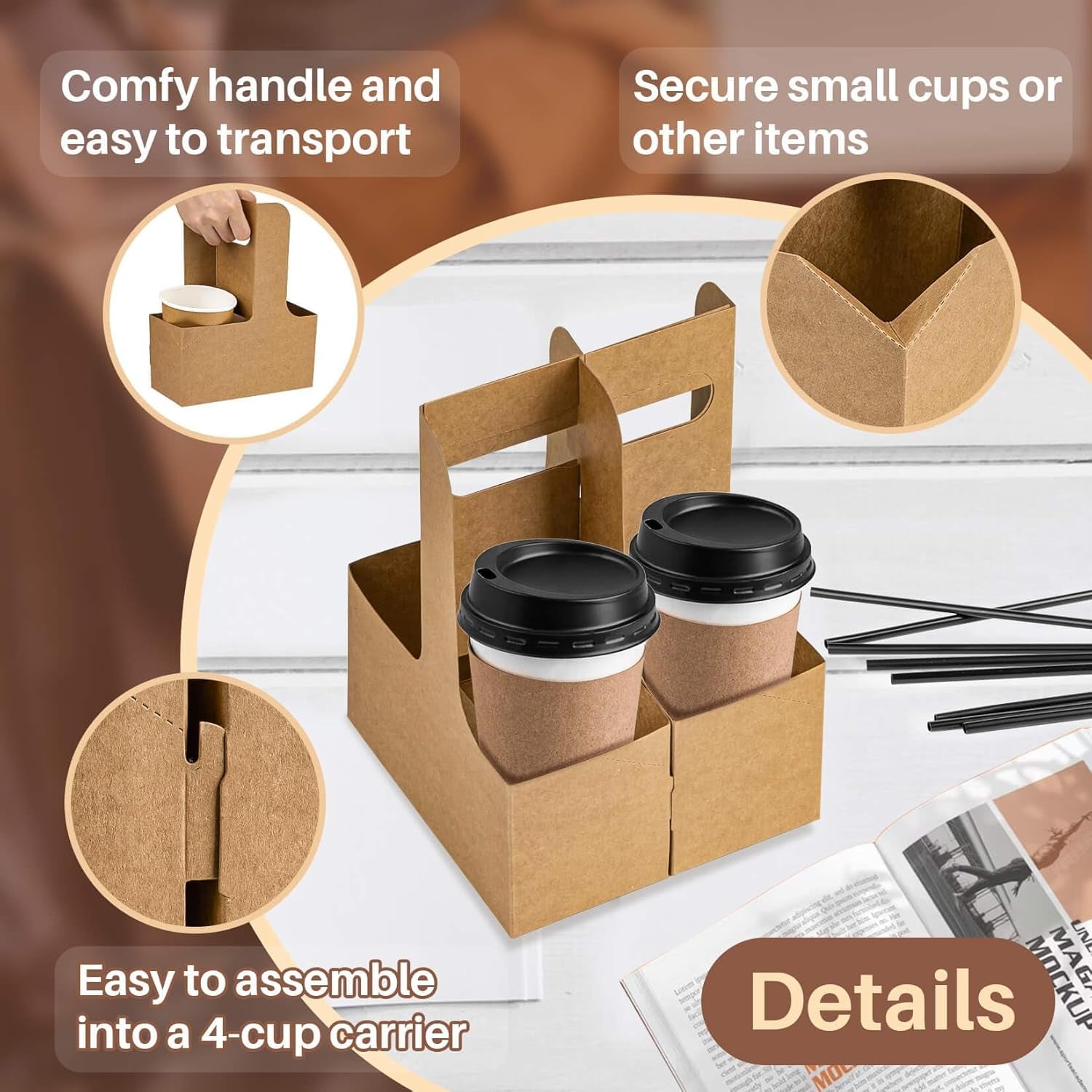 2 Cup Drink Carrier with Handle - 50Pcs Disposable Cardboard Coffee Cup Holder Portable Foldable Tray Drink Caddy Cup Carriers to Go Cup Holder Food Delivery Accessories for Hot/Cold Drinks