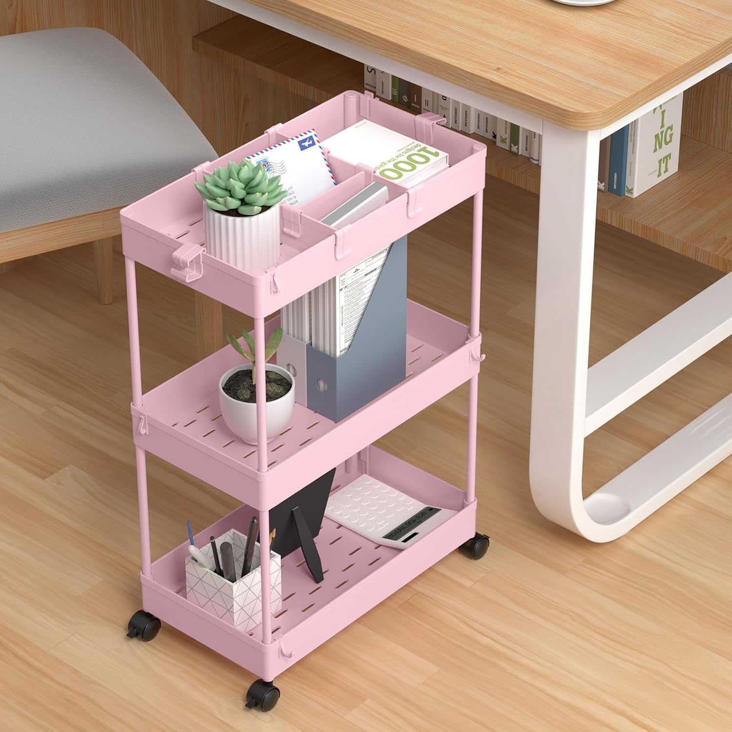 3 Tier Rolling Cart with Wheels, Storage Craft Art Trolley Organizer Serving, 3 Hanging Baskets Easy Assembly, for Office, Living Room, Kitchen, Pink