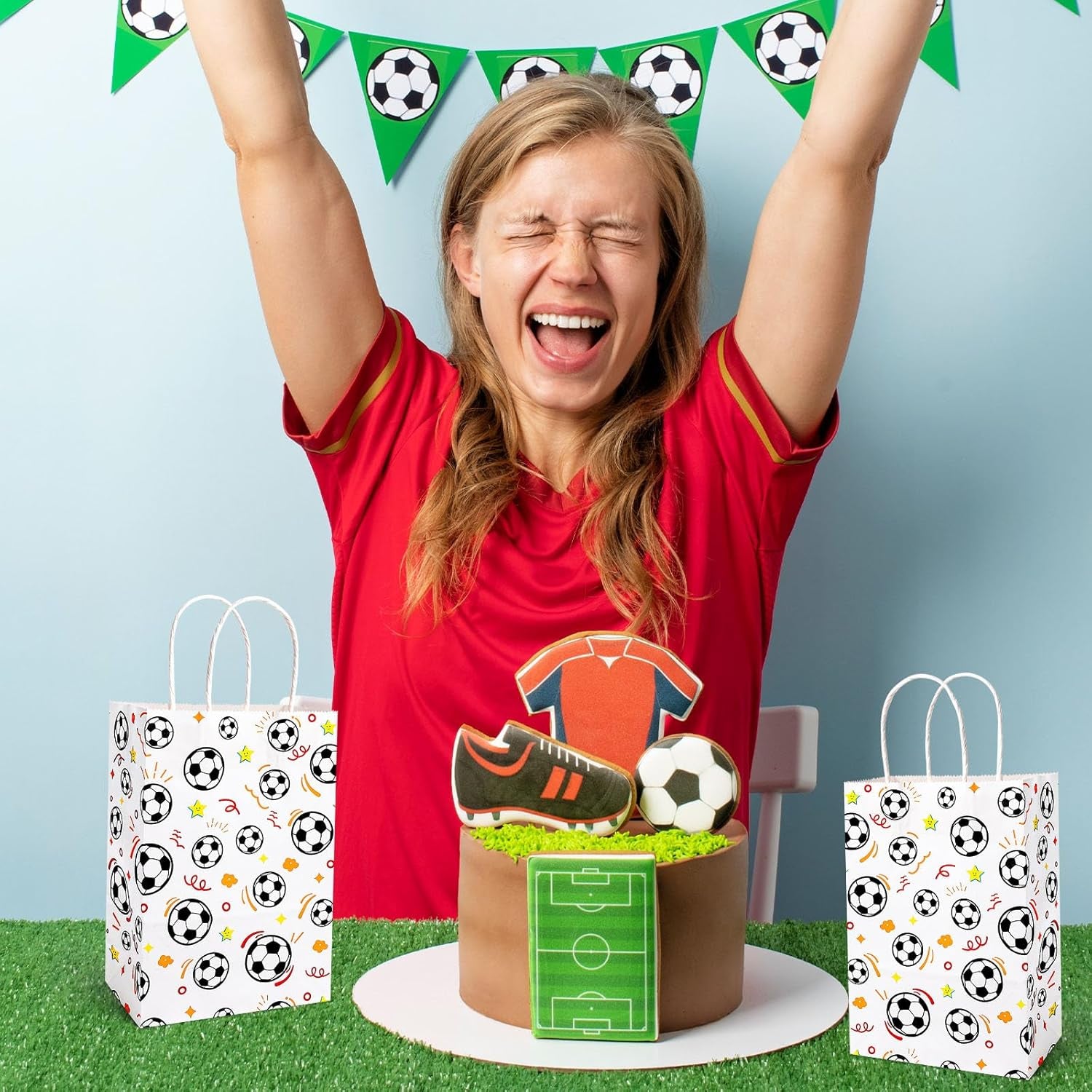 16 Pack Soccer Goodie Bags, 5.5"X2.8"X8" Party Favor Bags with Handles for Kids Birthdays, Sports Theme Decorations, Gift Giving Bulk Supplies