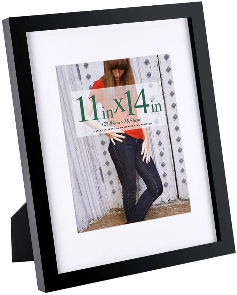 11X14 Inch Picture Frame Made of Solid Wood and High Definition Glass Display Pictures 8X10 with Mat or 11X14 without Mat for Table Top Display and Wall Mounting Photo Frame with Stand Black