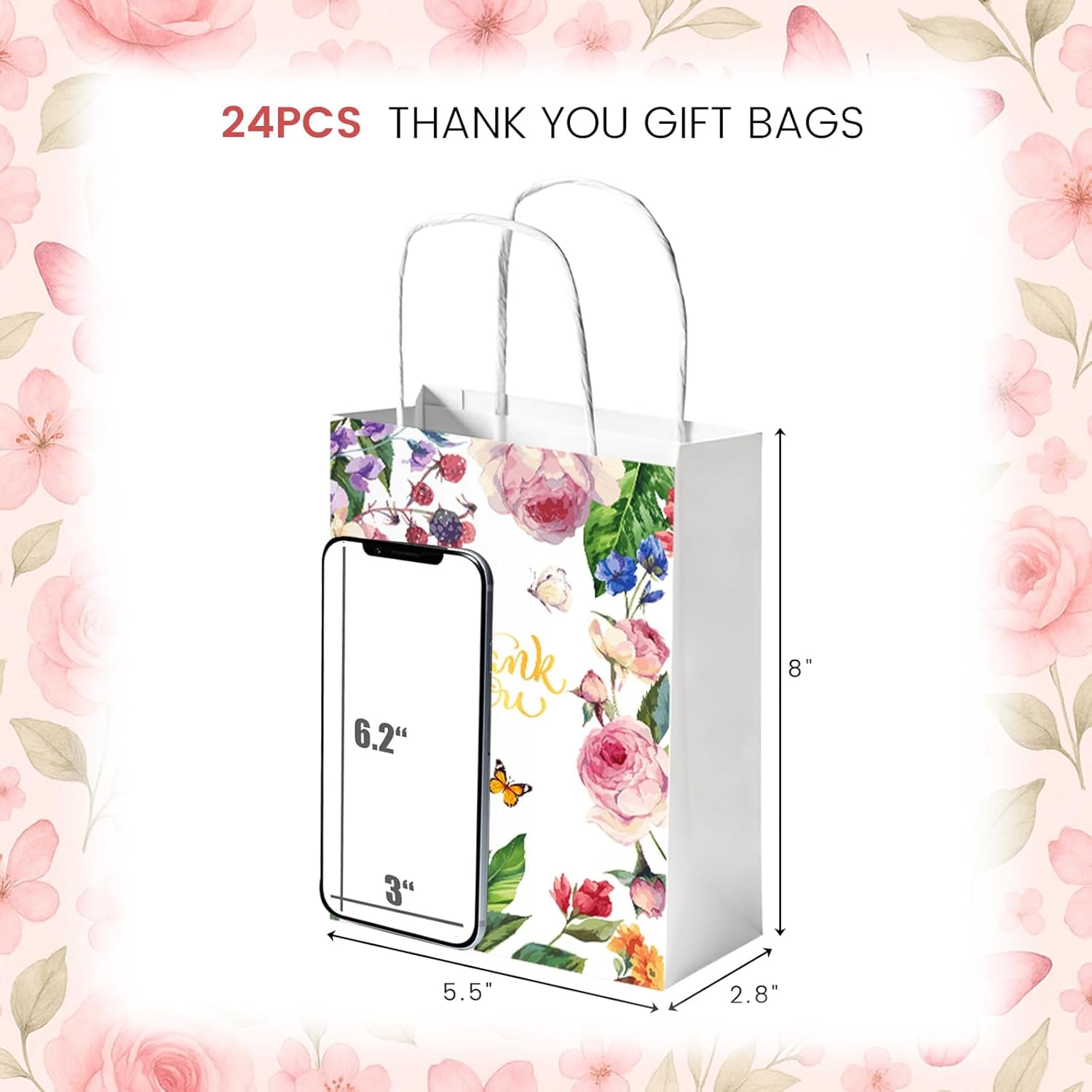 24 Pack Thank You Gift Bags, 5.5X8X2.8 Inch Small Return Gift Bags with Handles Floral Design for Business, Baby Showers, Weddings, Boutique