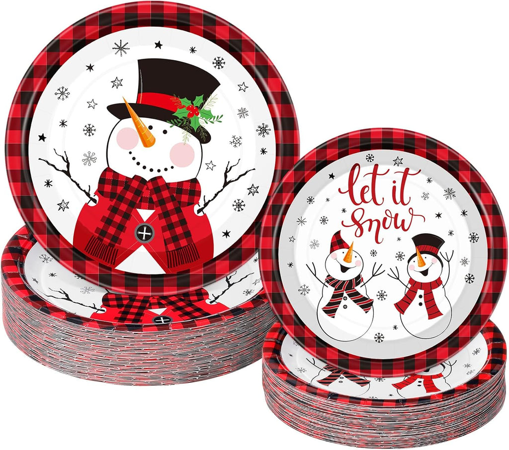 100 Pack Christmas Paper Plates 9" & 7" Snowman Winter Gingham Disposable Dessert Plates for Holiday Xmas Party Supplies(Round,Black and White)