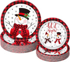 100 Pack Christmas Paper Plates 9" & 7" Snowman Winter Gingham Disposable Dessert Plates for Holiday Xmas Party Supplies(Round,Black and White)