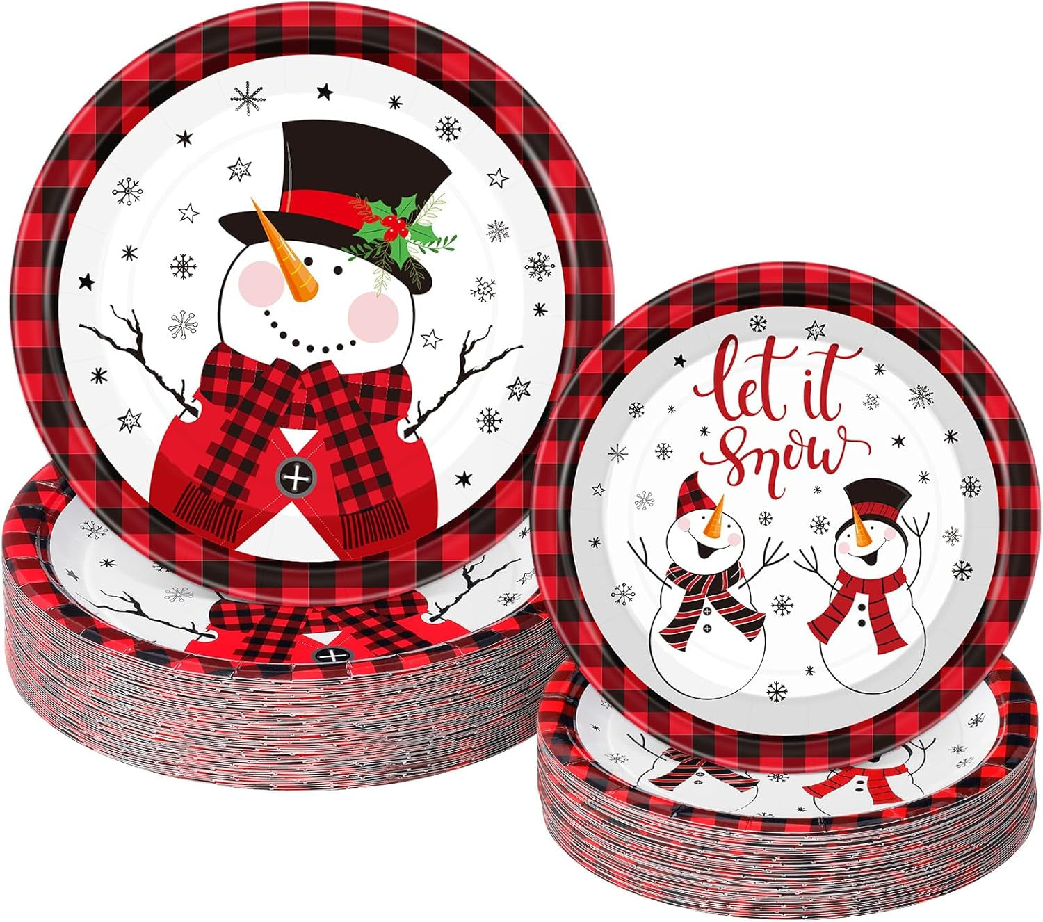 100 Pack Christmas Paper Plates 9" & 7" Snowman Winter Gingham Disposable Dessert Plates for Holiday Xmas Party Supplies(Round,Black and White)