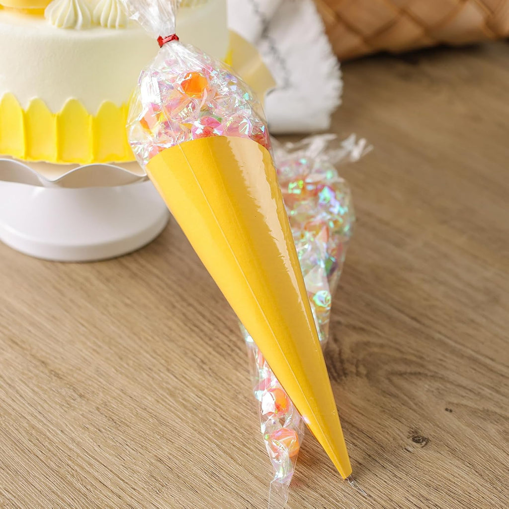 200 Pack Cone Bags, 6.3×11.8 Inch Cellophane Treat Bags with Ties for Wedding Birthday Halloween Party Favor