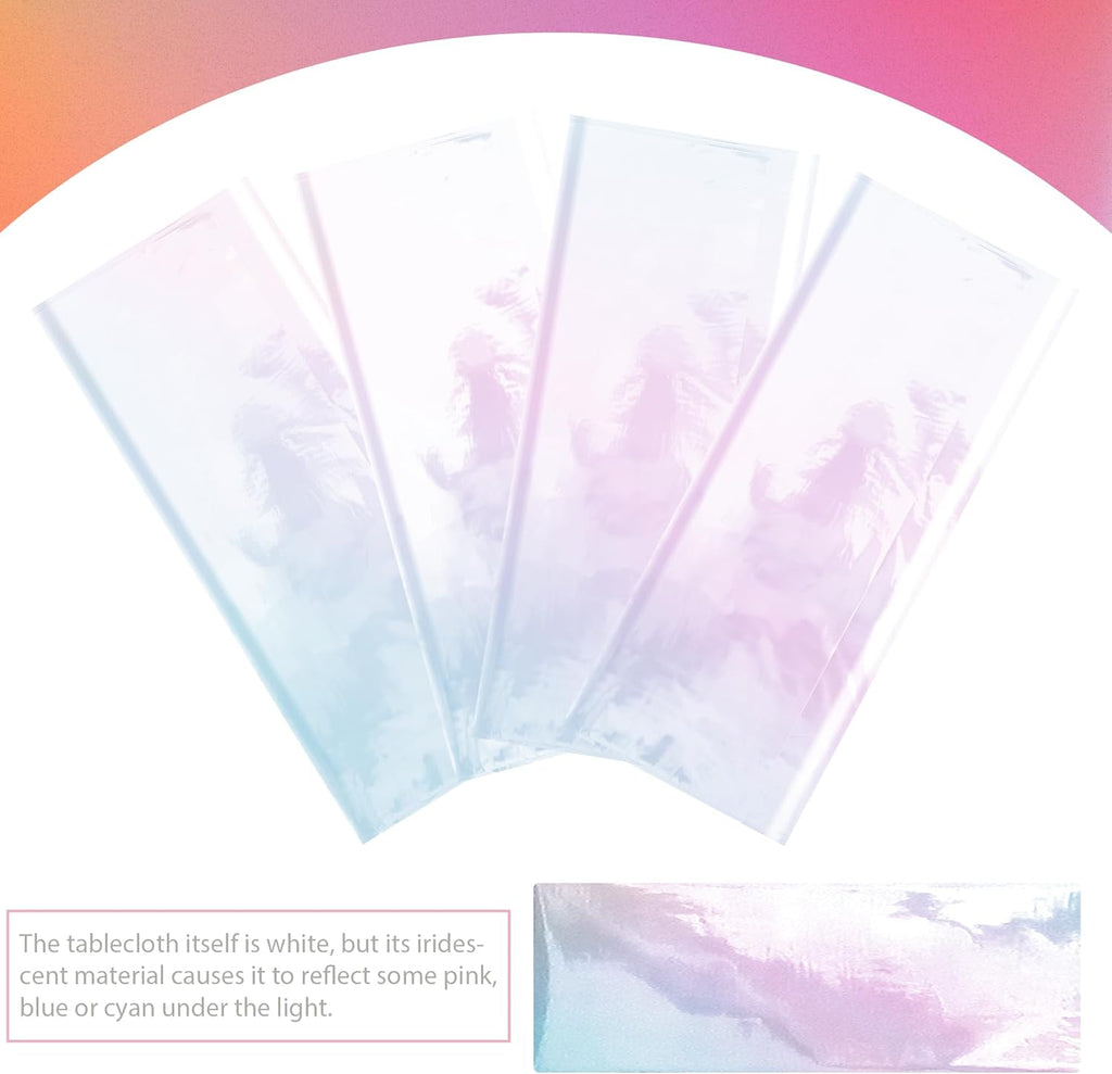 2 Pieces Iridescence White Tablecloth, 40 X 108“ Disposable Shiny Laser Table Cloth, Glitter Plastic Tablecloths, Holographic Iridescent Table Cover for Party Decoration, Wedding and Banquet