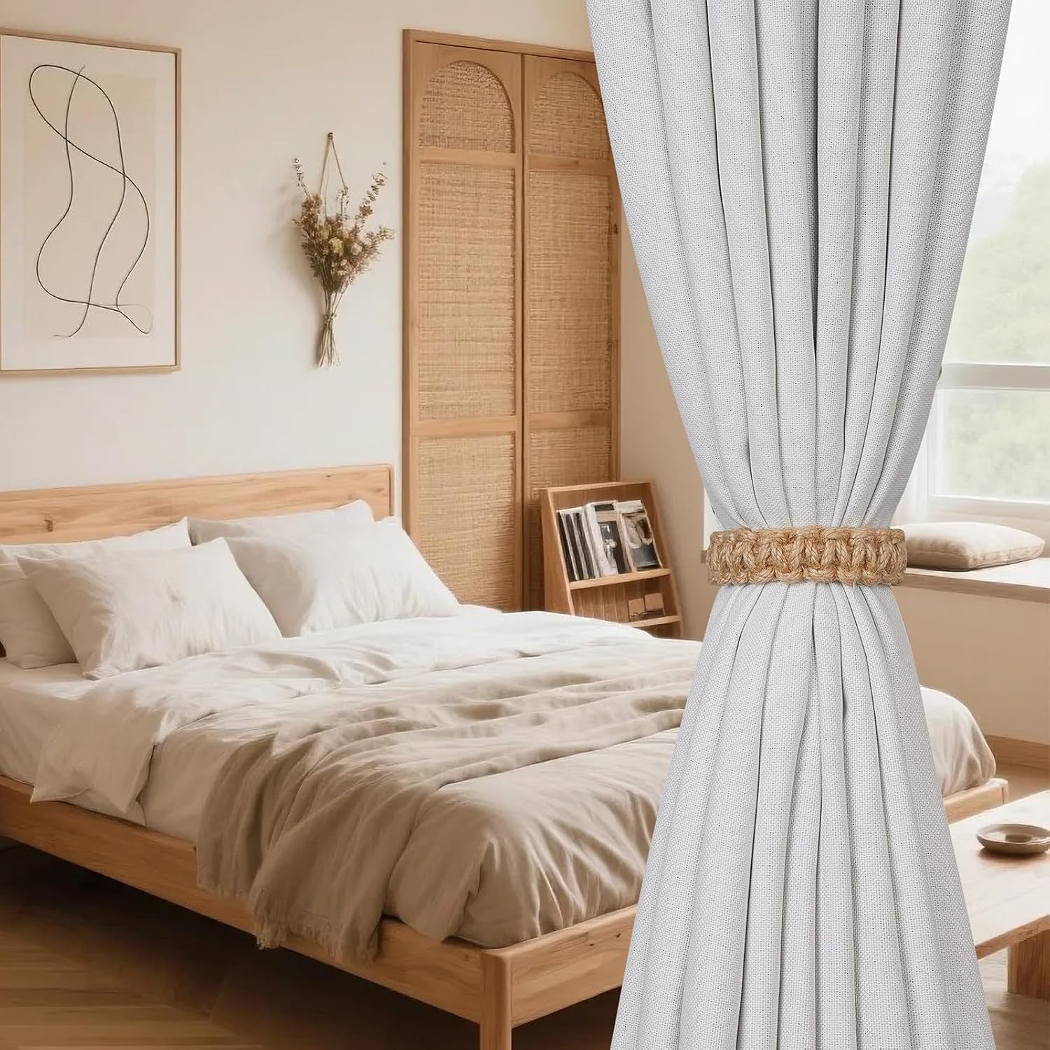 2 Pack Jute Curtain Tiebacks, Braided Curtain Holdbacks No Drill, Boho Curtain Tie Backs, Decorative Rustic Wicker Curtain Holders for Drapes in Bedroom, Nursery, Living Room