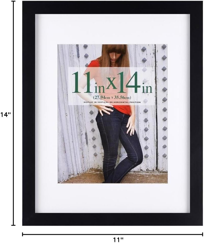 11X14 Inch Picture Frame Made of Solid Wood and High Definition Glass Display Pictures 8X10 with Mat or 11X14 without Mat for Table Top Display and Wall Mounting Photo Frame with Stand Black