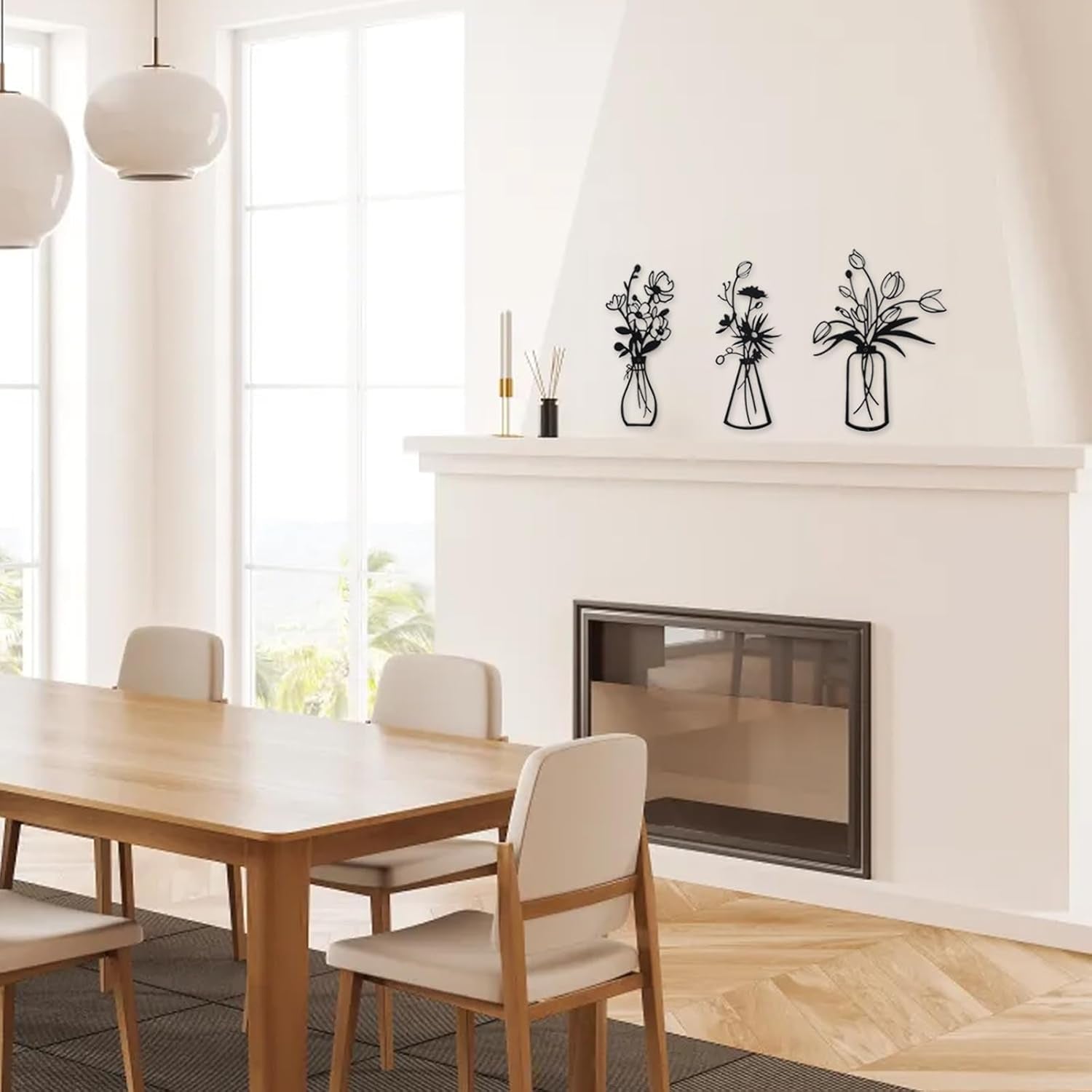 3 Pieces Black Metal Flower Wall Decor Minimalist Vases Rustic Farmhouse Hanging Art for Living Room, Dining Room, Kitchen, Bedroom, Bathroom