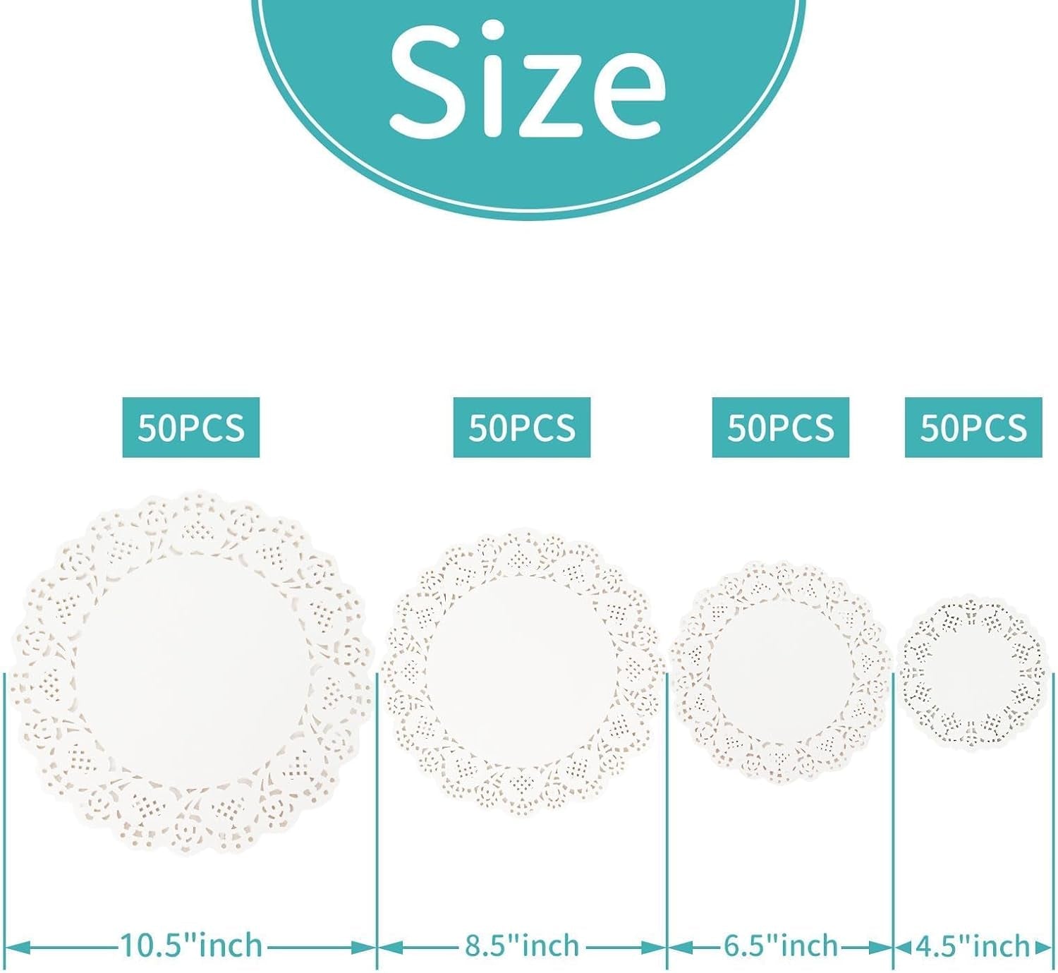 200 Paper Doilies Assorted Sizes - round Disposable Paper Placemats 4.5, 6.5, 8.5, 10.5 Inch Charger Plates White Table Lace Doilies for Dessert Tray Food Table Decor for Party Wedding