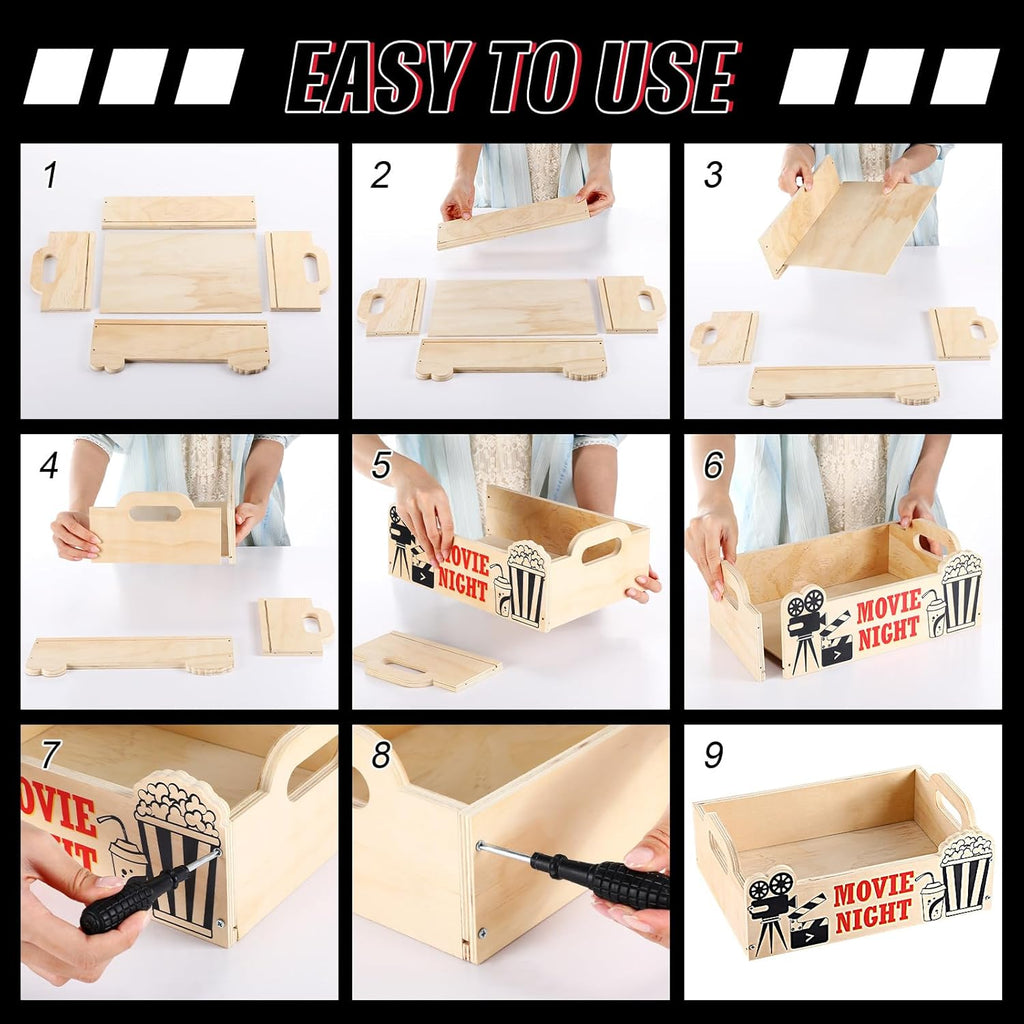 1 Pcs Movie Night Snack Trays with Handles DIY Wooden Snack Basket Organizer Reusable Snack Trays Basket Box Supplies for Party (11.81" X 8.66" X 3.94")