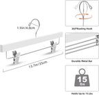 10 Pack Wooden Pants Hangers with Adjustable Clips, 360°Swivel Hook Space Saving Skirt Holders with Anti-Rust Clips for Trousers, Jeans, Shorts (White)