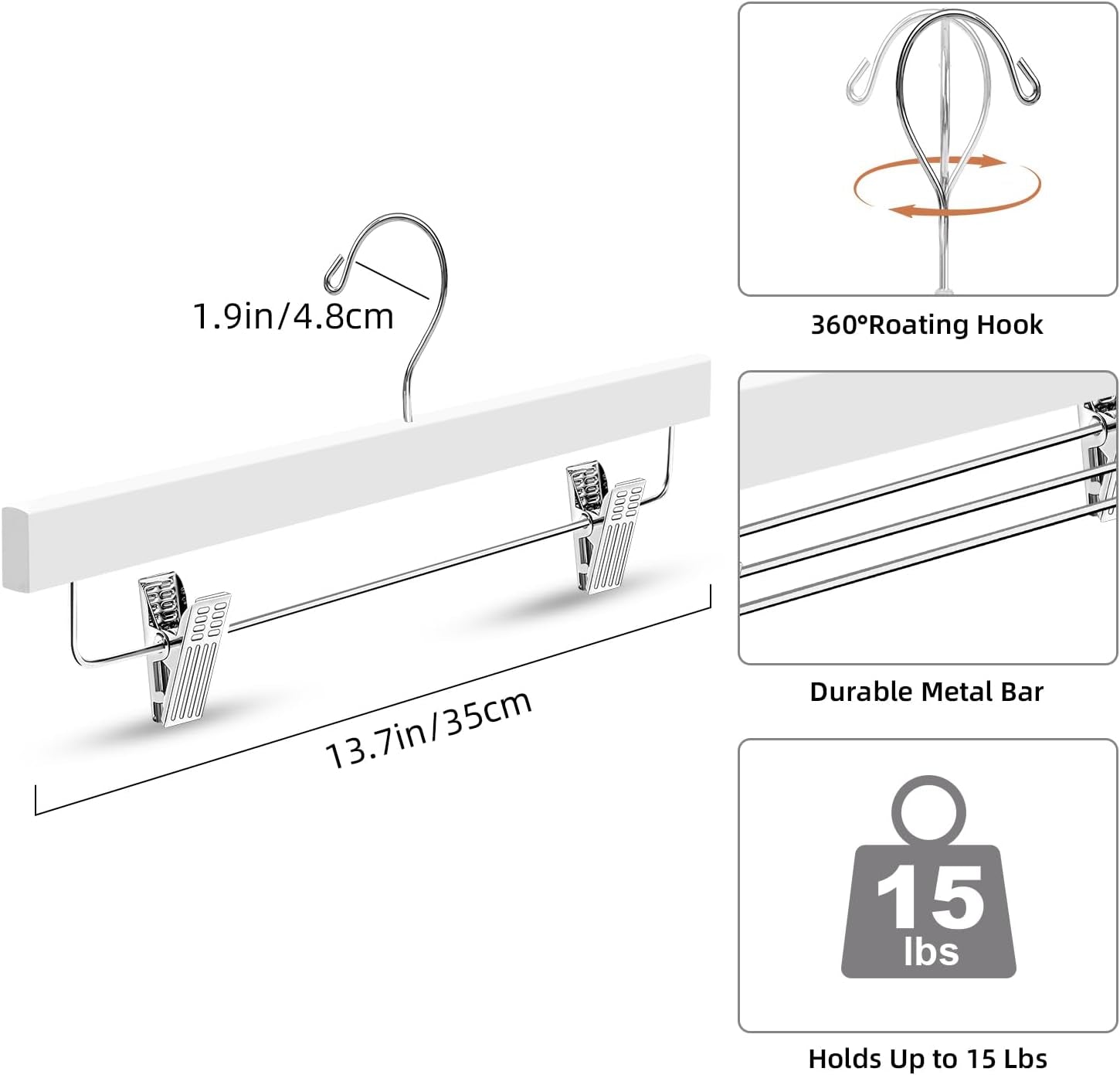 10 Pack Wooden Pants Hangers with Adjustable Clips, 360°Swivel Hook Space Saving Skirt Holders with Anti-Rust Clips for Trousers, Jeans, Shorts (White)