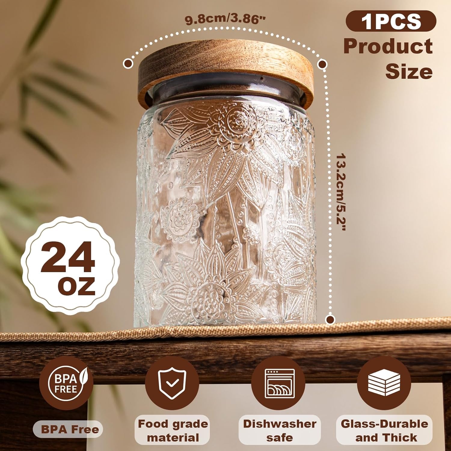 24Oz Glass Jar with Lid, Decorative, Cute, Glass Canister, Vintage Storage Jar for Sugar, Coffee, Tea, Spice, Flour, Candy, Cookie, Pasta, Cereal