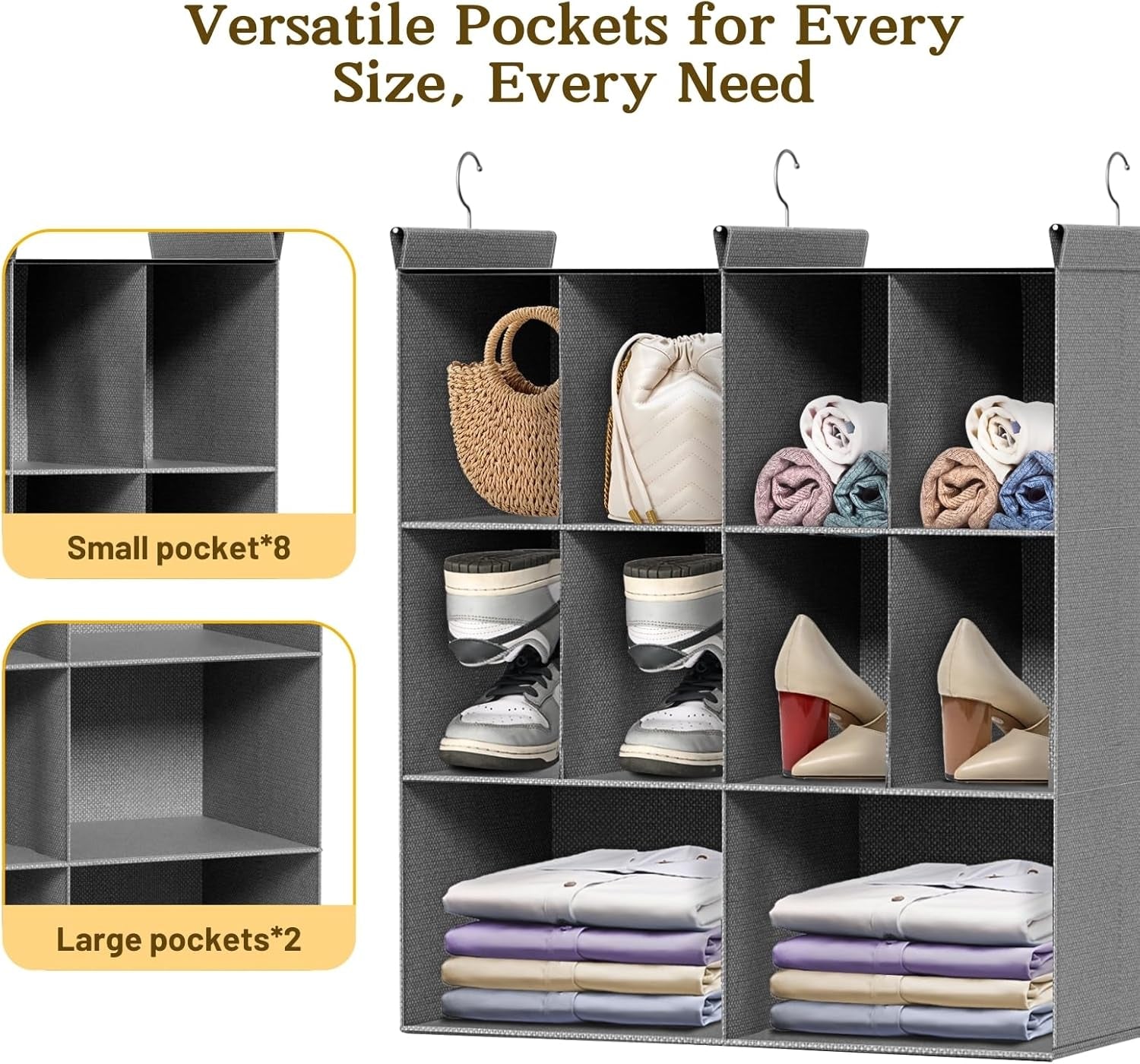 3 Tier Hanging Closet Organizer, 10 Compartments Sweater Organizer for Closet with 3 Sturdy Hooks, Closet Organizers and Storage, Wardrobe, Rv, Garment Rack, Grey