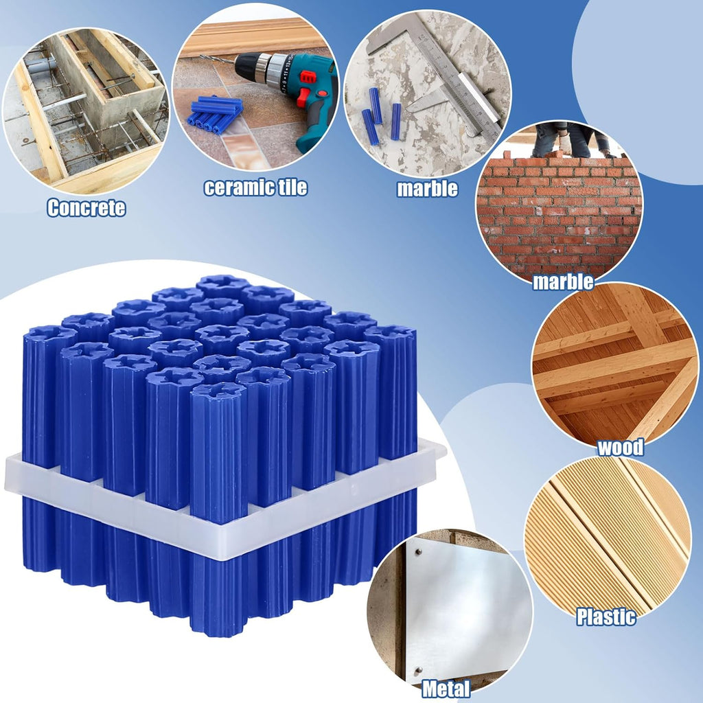 100 Pcs Expanding Plastic Anchors for Concrete 5/16" X 1-1/2" for #14 Screw or 1/4 Lag Screw Blue Anchors Drywall Wall Expansion Pipe for Hollow Walls Tile Cement Bolt Expansion Tube