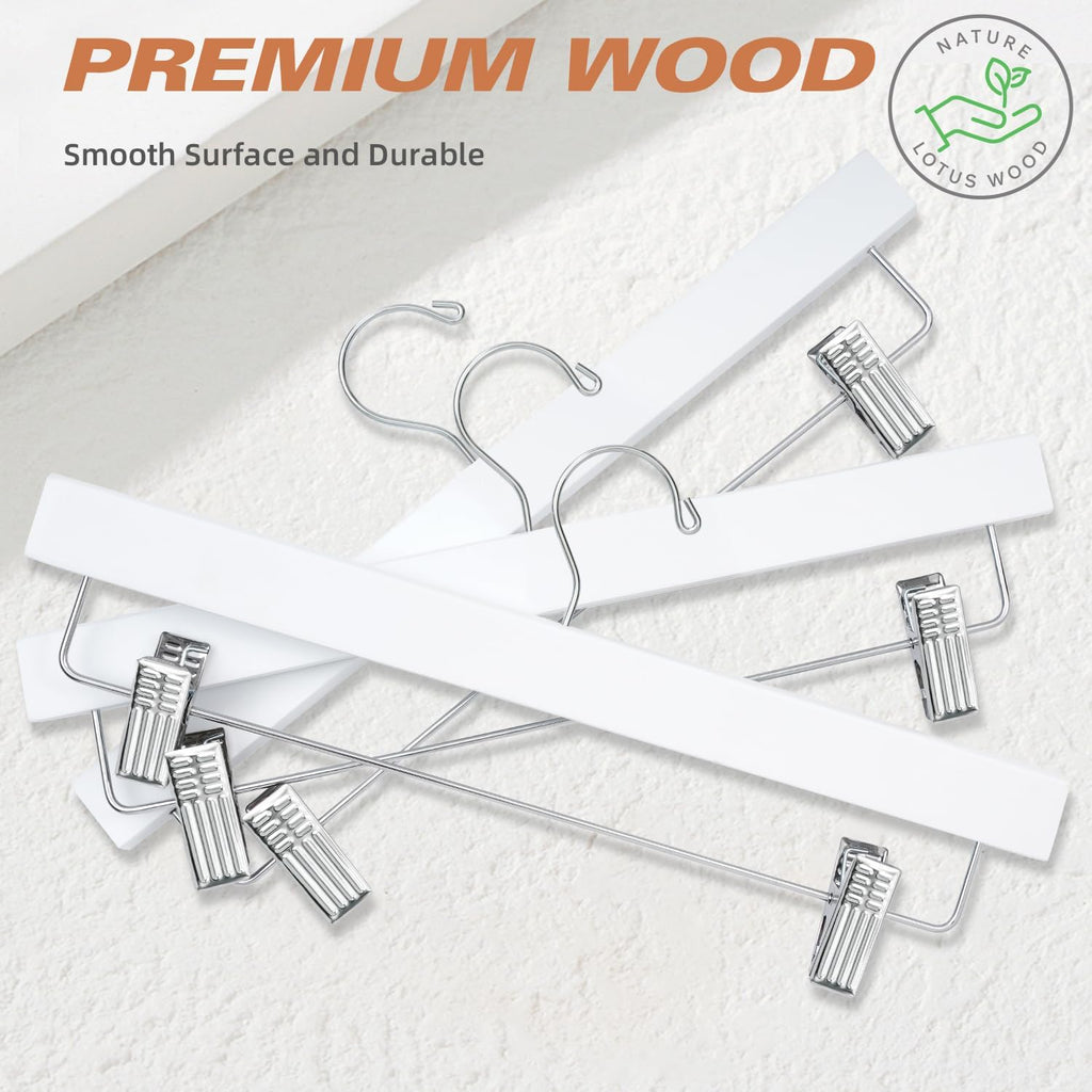 10 Pack Wooden Pants Hangers with Adjustable Clips, 360°Swivel Hook Space Saving Skirt Holders with Anti-Rust Clips for Trousers, Jeans, Shorts (White)