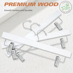 10 Pack Wooden Pants Hangers with Adjustable Clips, 360°Swivel Hook Space Saving Skirt Holders with Anti-Rust Clips for Trousers, Jeans, Shorts (White)