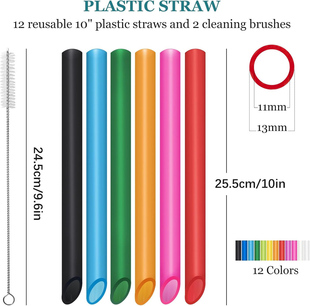 12 Pcs Reusable Boba Straws - Bpa-Free Wide Reusable Plastic Straws for Smoothies, Boba(Tapioca, Boba Pearls) & Shakes with 2 Brushes（Multicolor）
