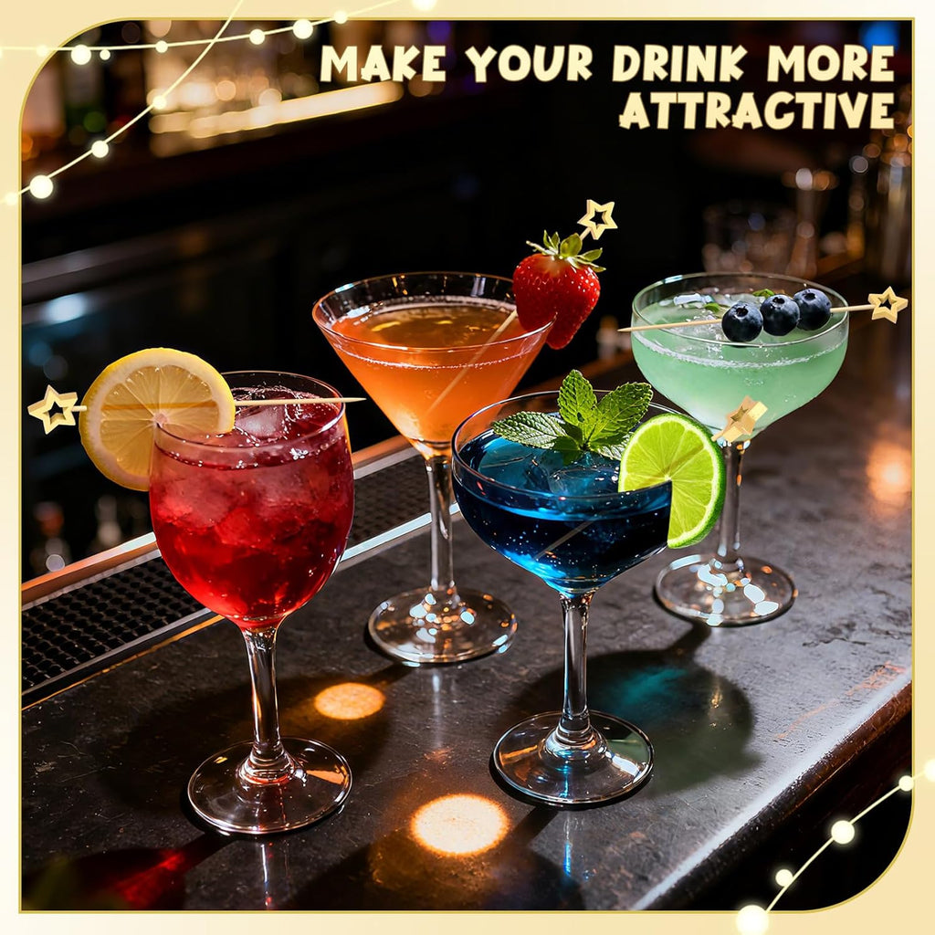 100PCS Gold Star Cocktail Picks, Decorative Fancy Toothpicks for Appetizers, 5.2 Inch Long Bamboo Skewers, Wooden Garnish Sticks for Drinks Food Fruit Party Supplies Charcuterie Boards Accessories