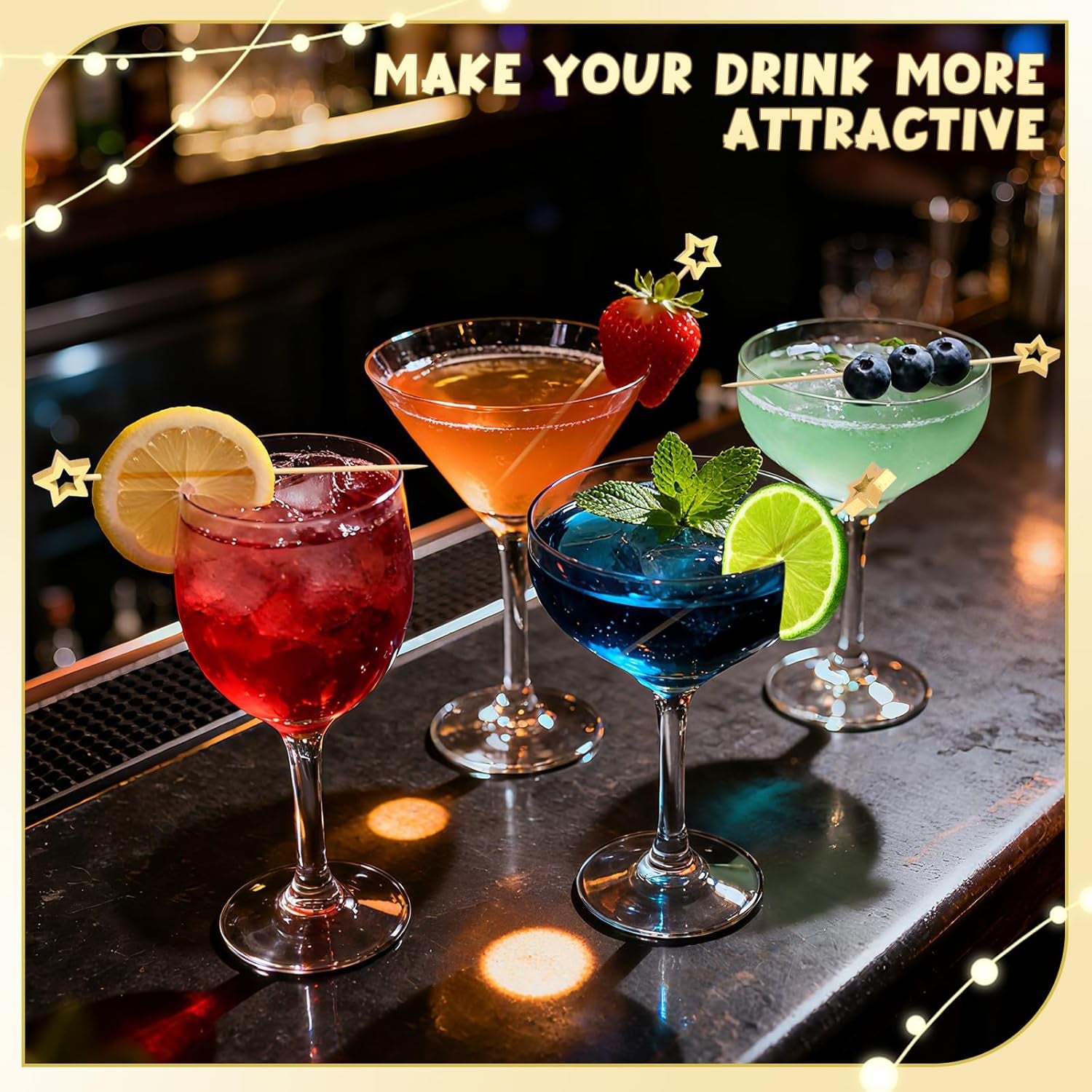 100PCS Gold Star Cocktail Picks, Decorative Fancy Toothpicks for Appetizers, 5.2 Inch Long Bamboo Skewers, Wooden Garnish Sticks for Drinks Food Fruit Party Supplies Charcuterie Boards Accessories