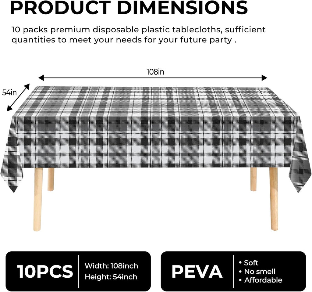 10 Pack Premium Disposable Plastic Tablecloth 54" X 108" Rectangle Table Cover for Birthdays Weddings Christmas Anniversary Buffet Table (Checkered- Black)